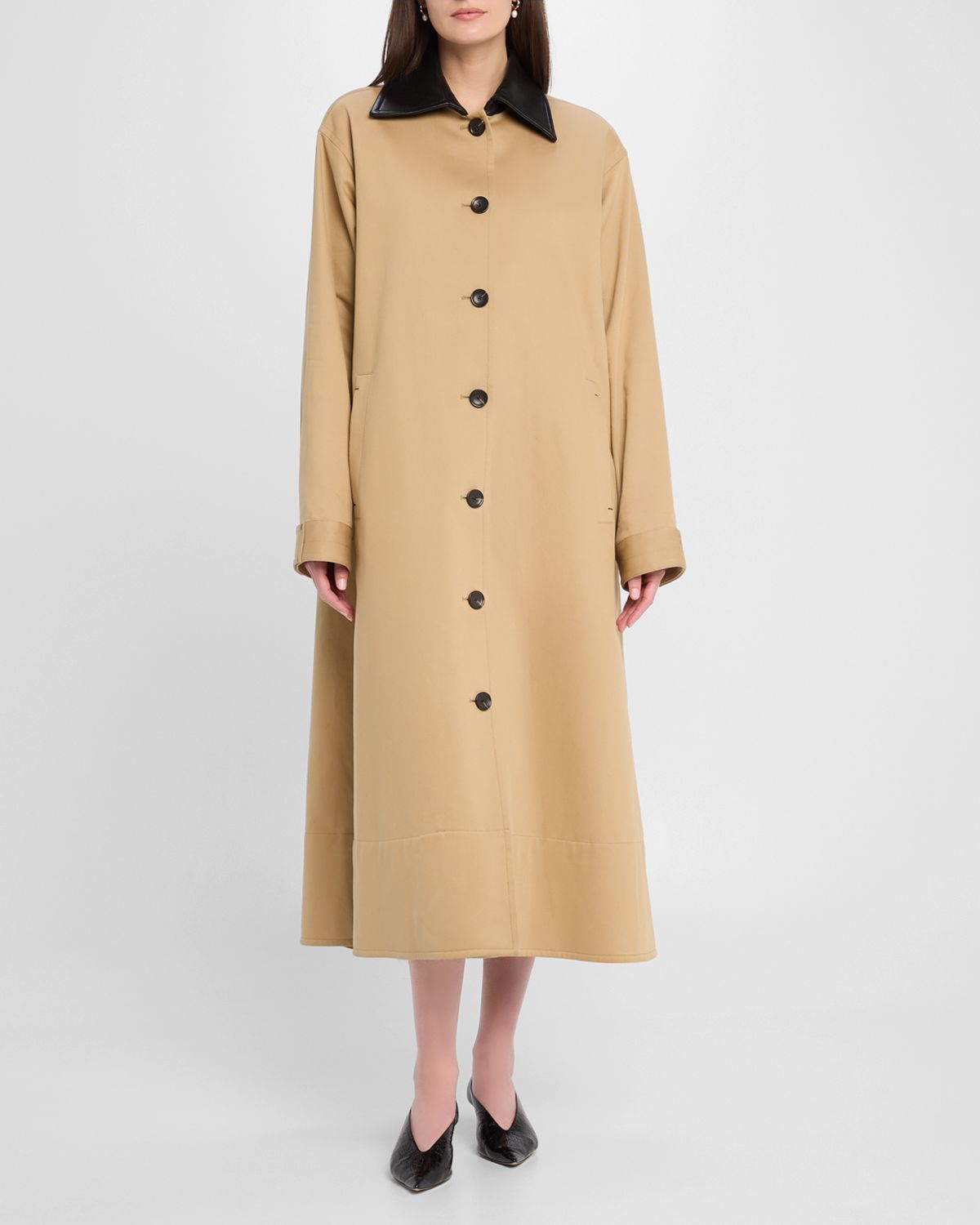 MARIA MCMANUS Leather-Collar A-Line Long Swing Coat