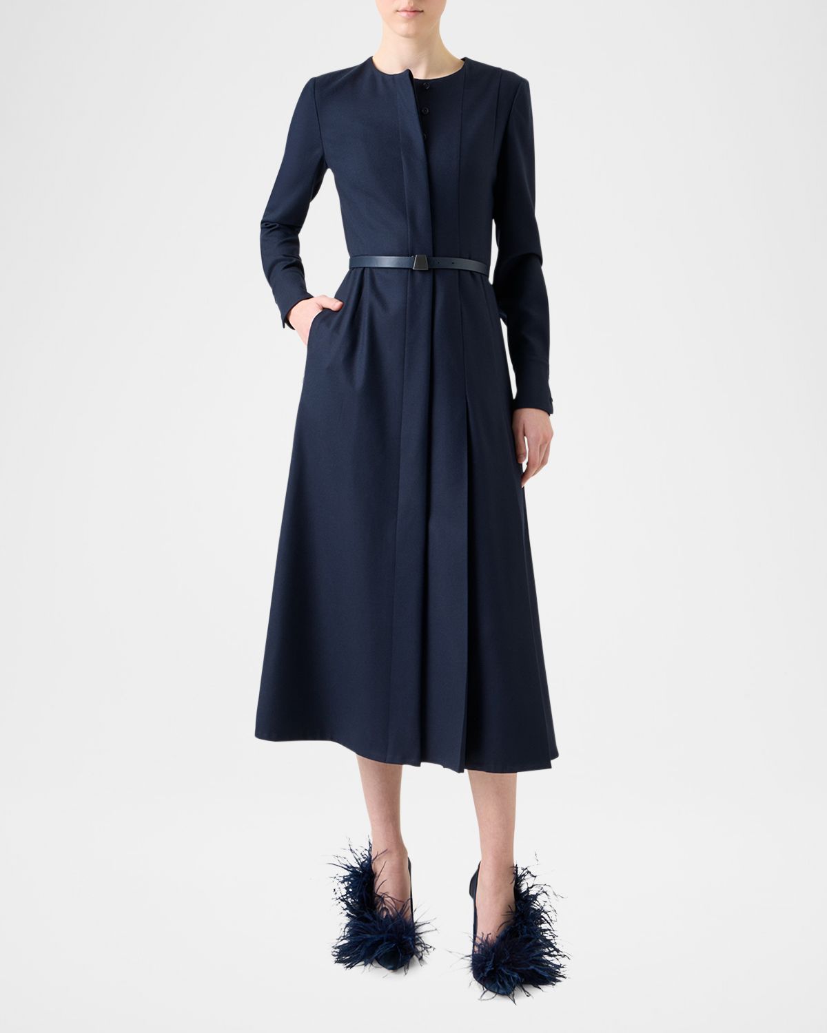 Akris Pleated Wool Stretch Flannel Midi Dress With Belt