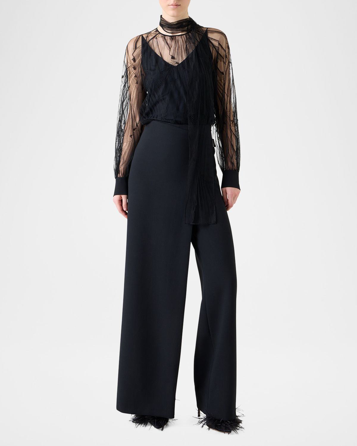 Akris Long-Sleeve Flounce Lace Scarf Blouse