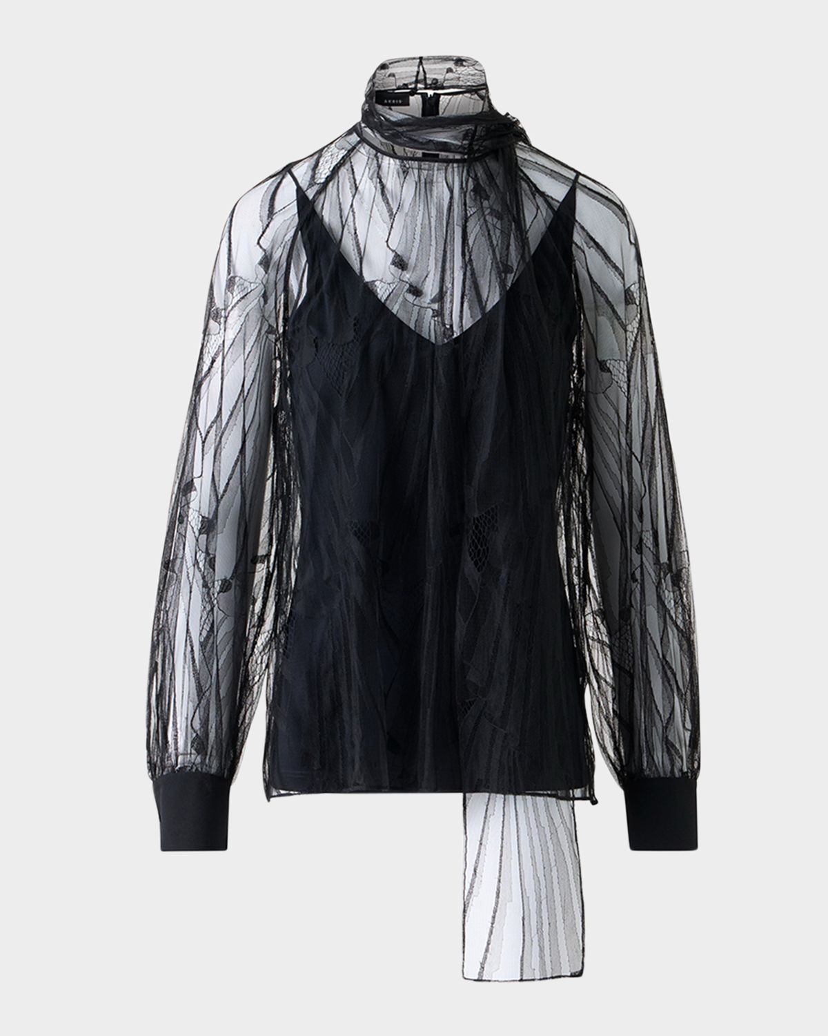 Akris Long-Sleeve Flounce Lace Scarf Blouse
