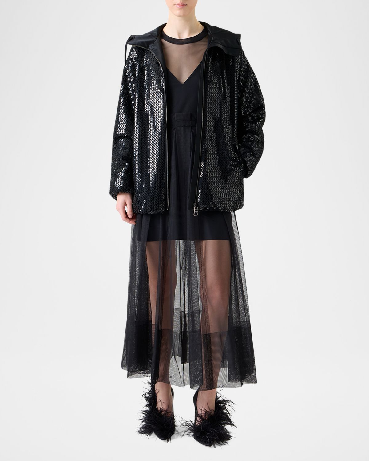 Akris Davis Sequined Chiffon Zip Parka Jacket