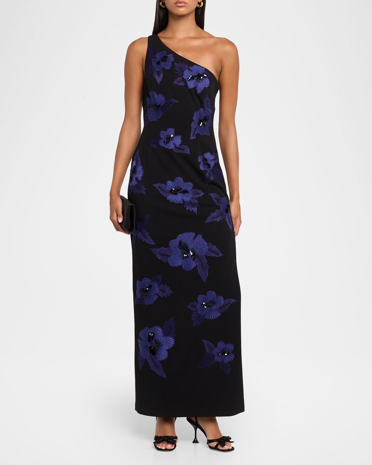 Aidan Mattox One-Shoulder Beaded Applique Column Gown