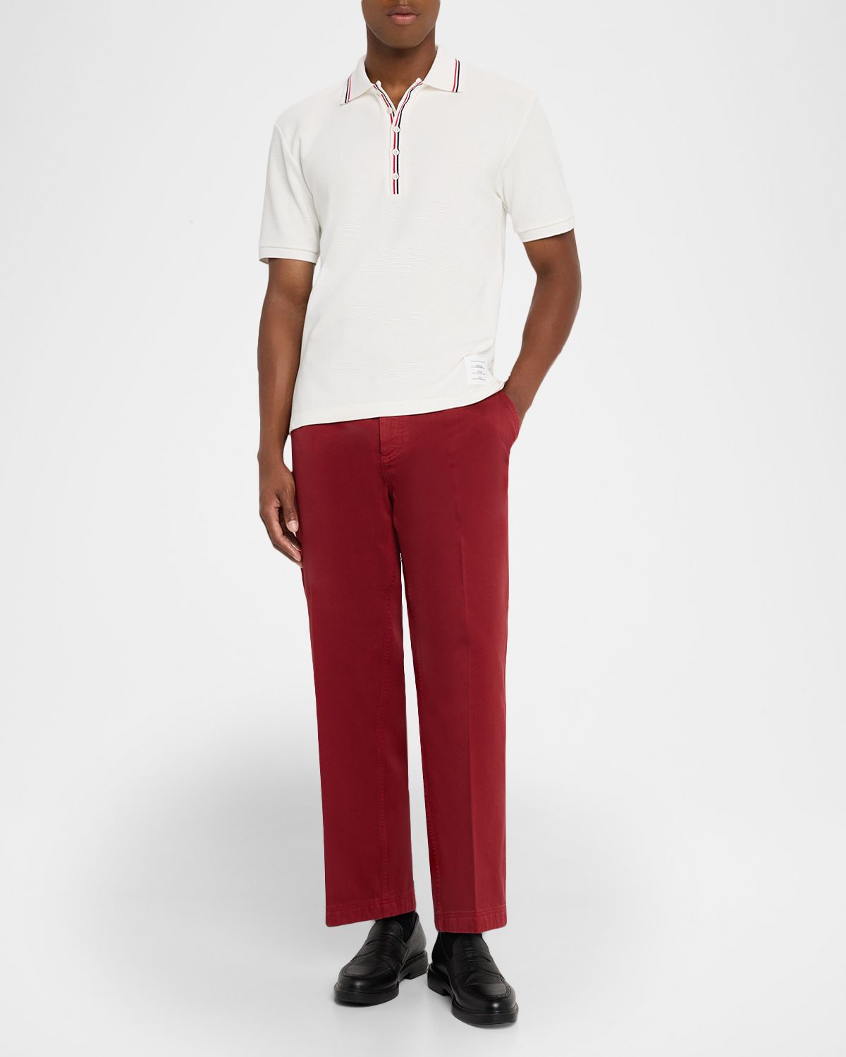 Thom Browne Men 's Grosgrain-Trim Waffle Knit Polo Shirt