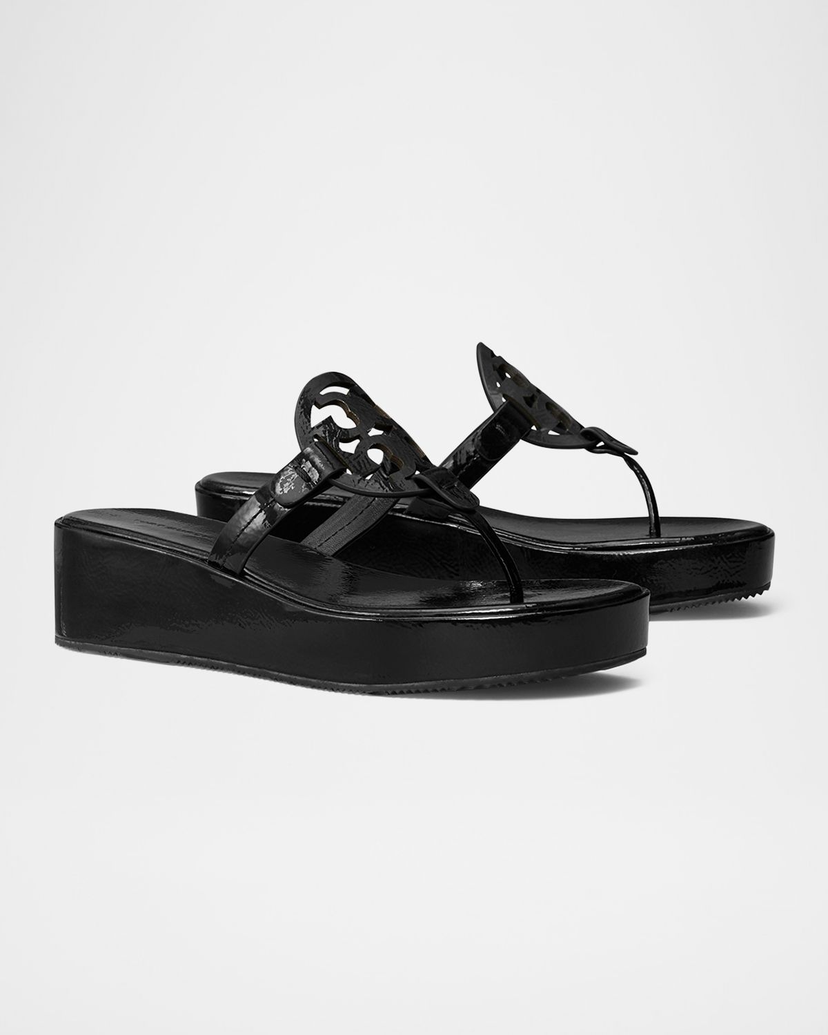 Tory Burch Miller Patent Leather Logo Wedge Thong Sandals