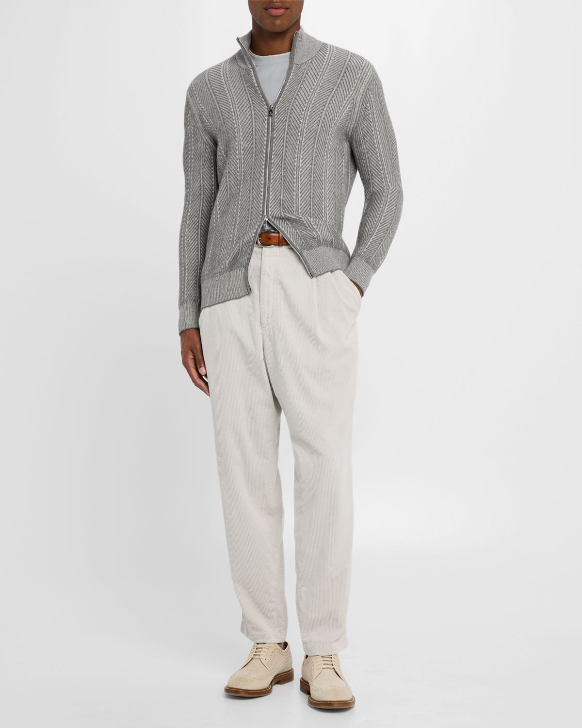 Brunello Cucinelli Men 's Cashmere Chevron Full-Zip Sweater