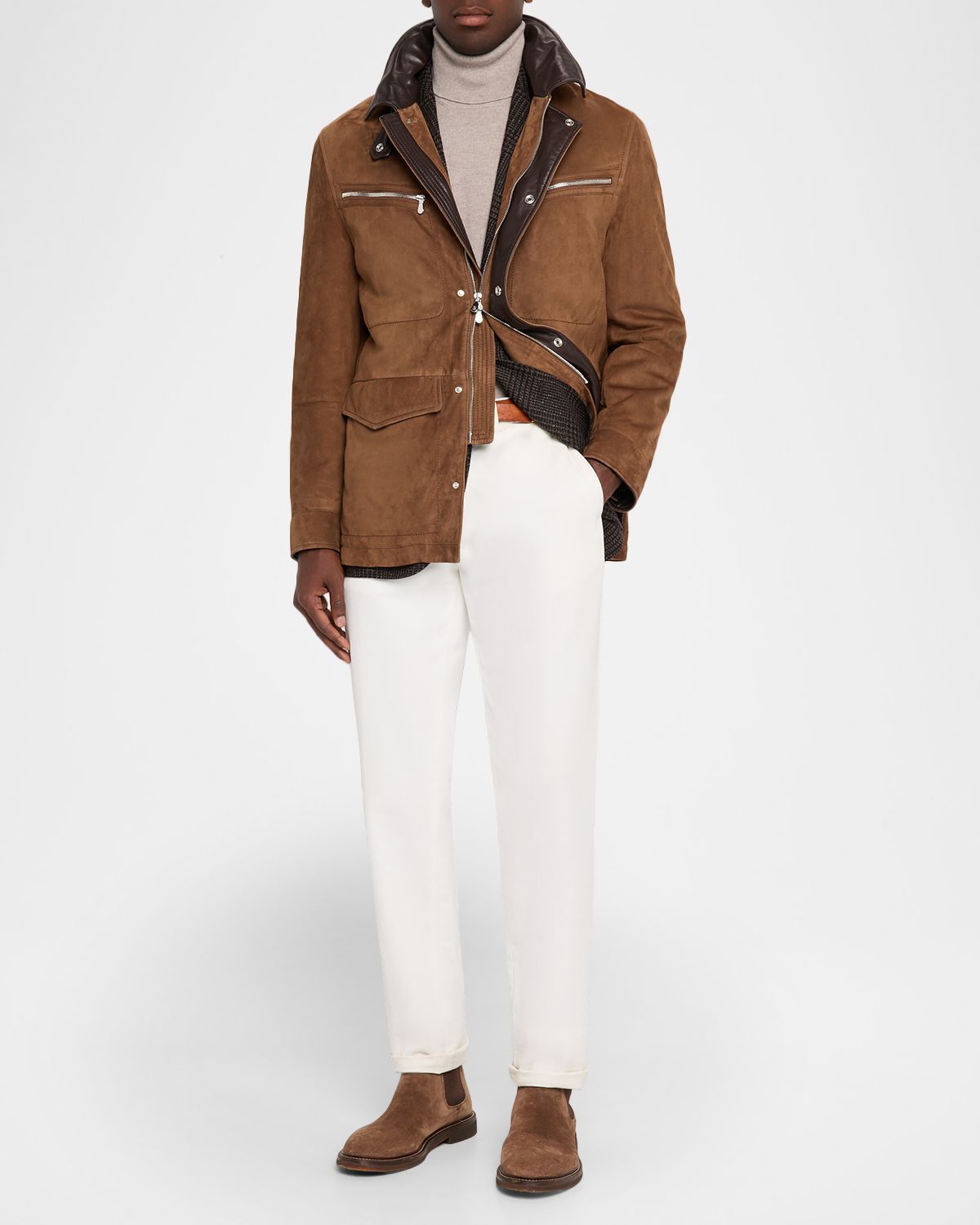 Brunello Cucinelli Men 's Suede Leather-Collar Full-Zip Car Coat