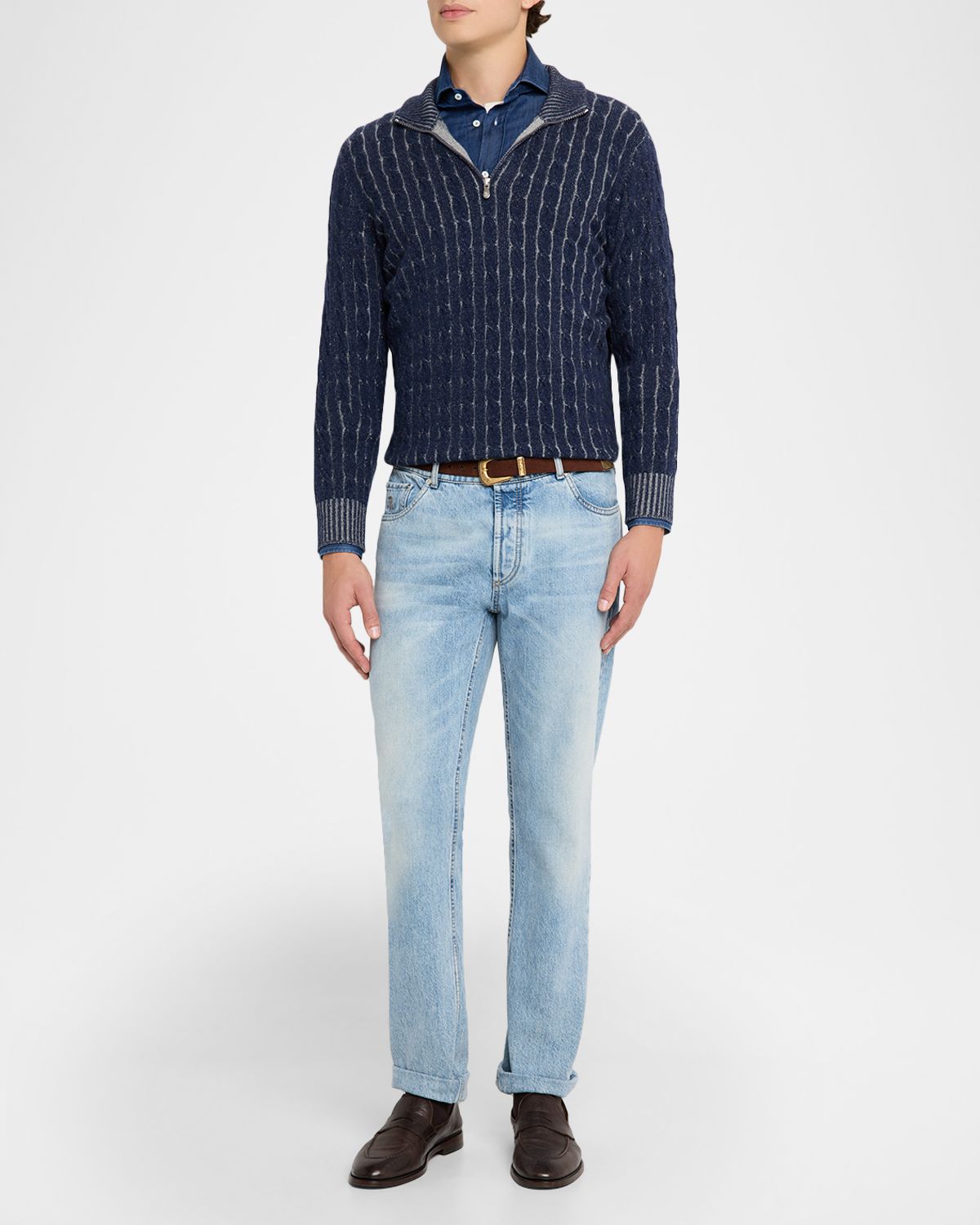 Brunello Cucinelli Men 's Denim Spread Collar Button-Down Shirt