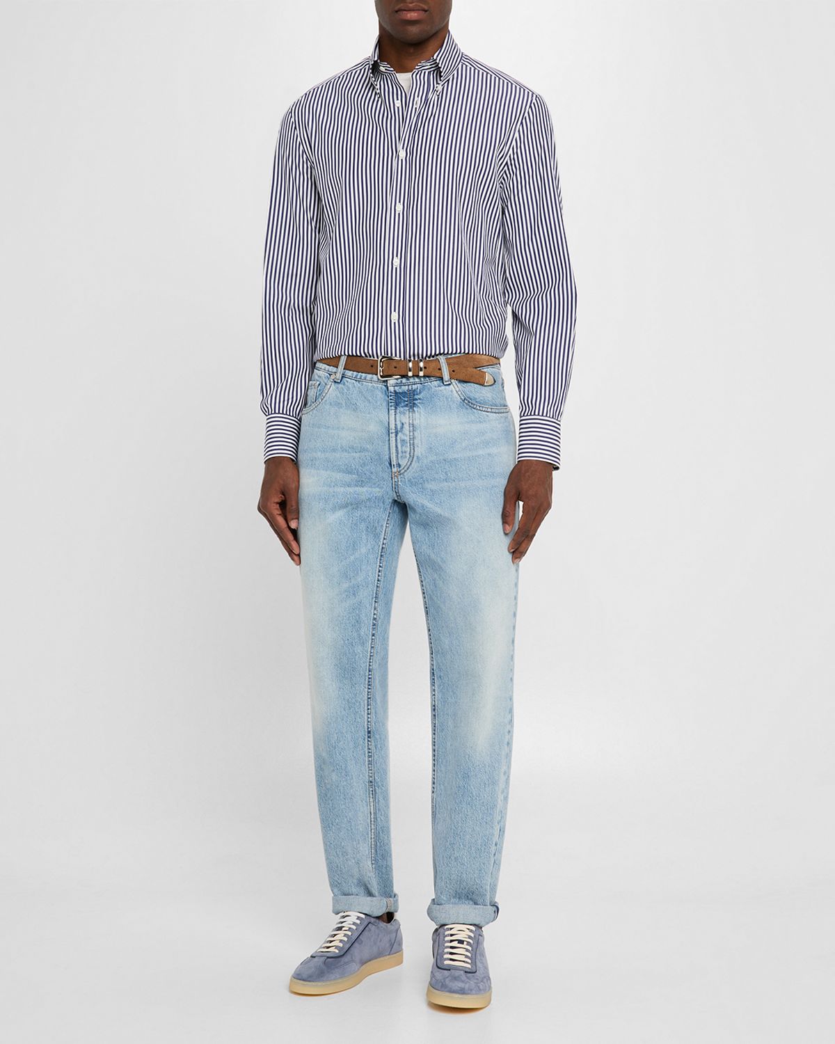 Brunello Cucinelli Men 's Cotton Wide Stripe Button-Collar Sport Shirt