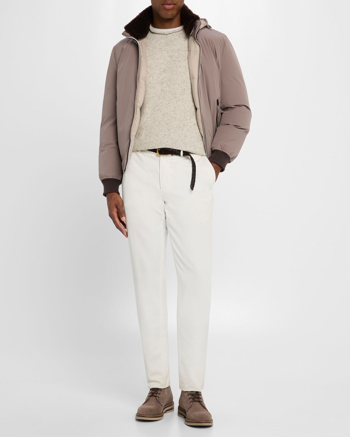 Brunello Cucinelli Men's Full-Zip Nylon and Shearling Jacket with Detachable Hood