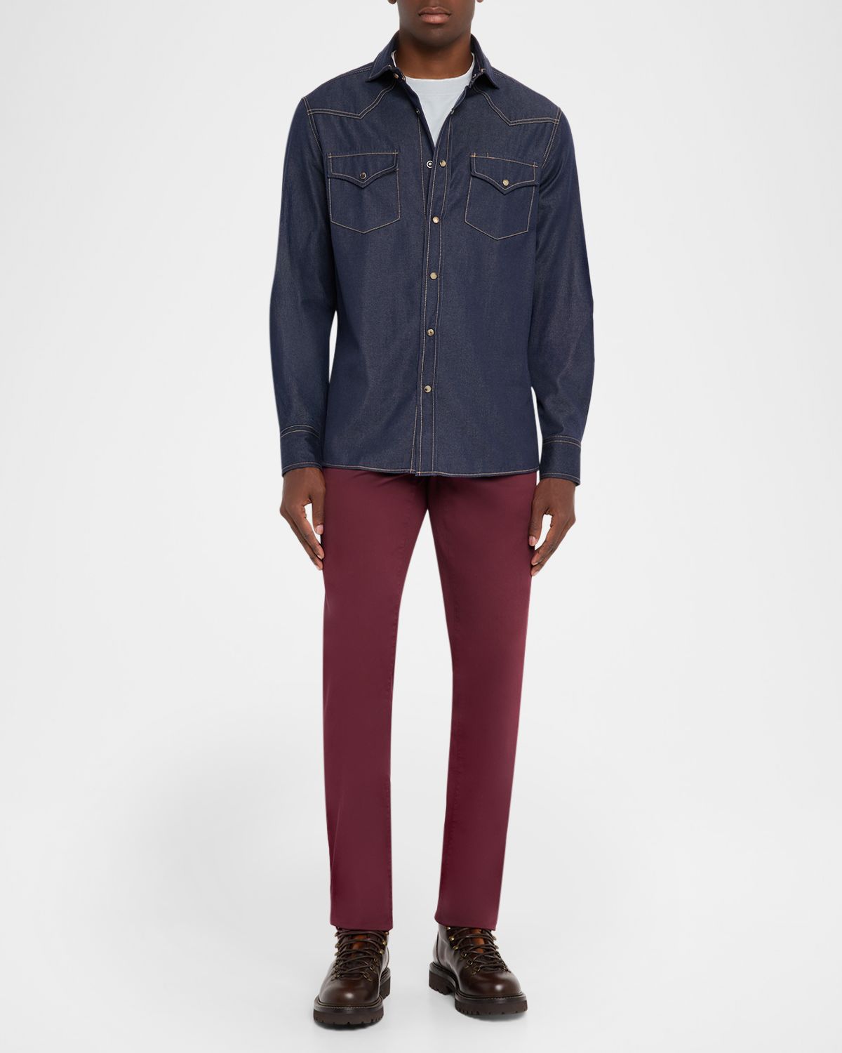 Brunello Cucinelli Men's Denim Snap-Front Western Shirt