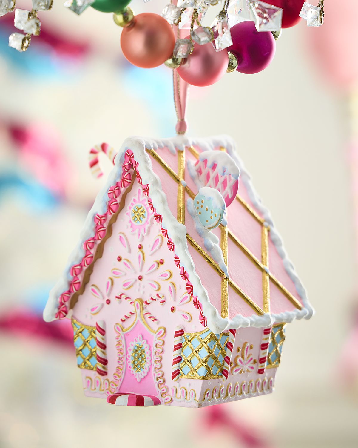 Glitterville Rainbow Gingerbread Cottage Christmas Ornament, Light Pink