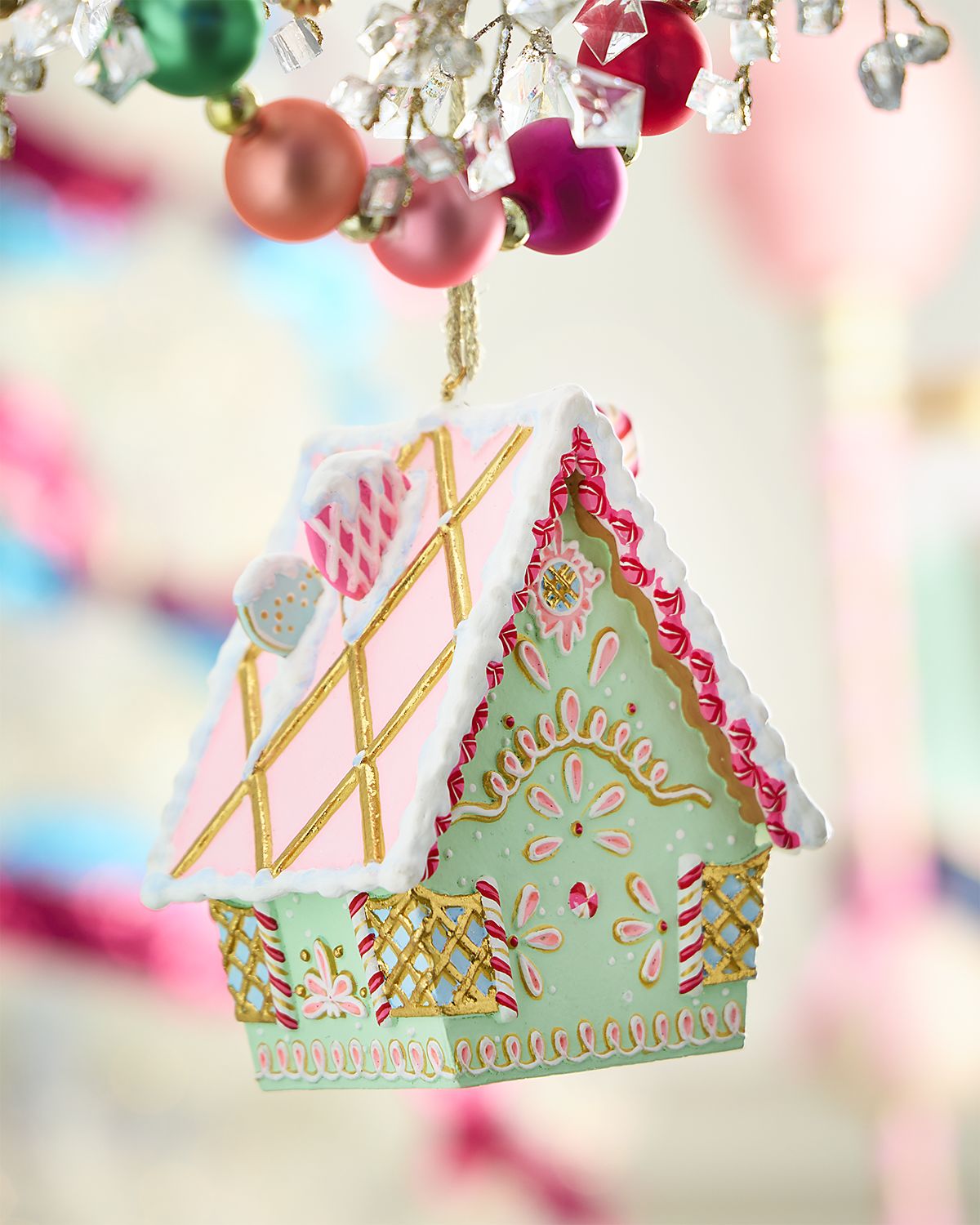 Glitterville Rainbow Gingerbread Cottage Christmas Ornament, Green