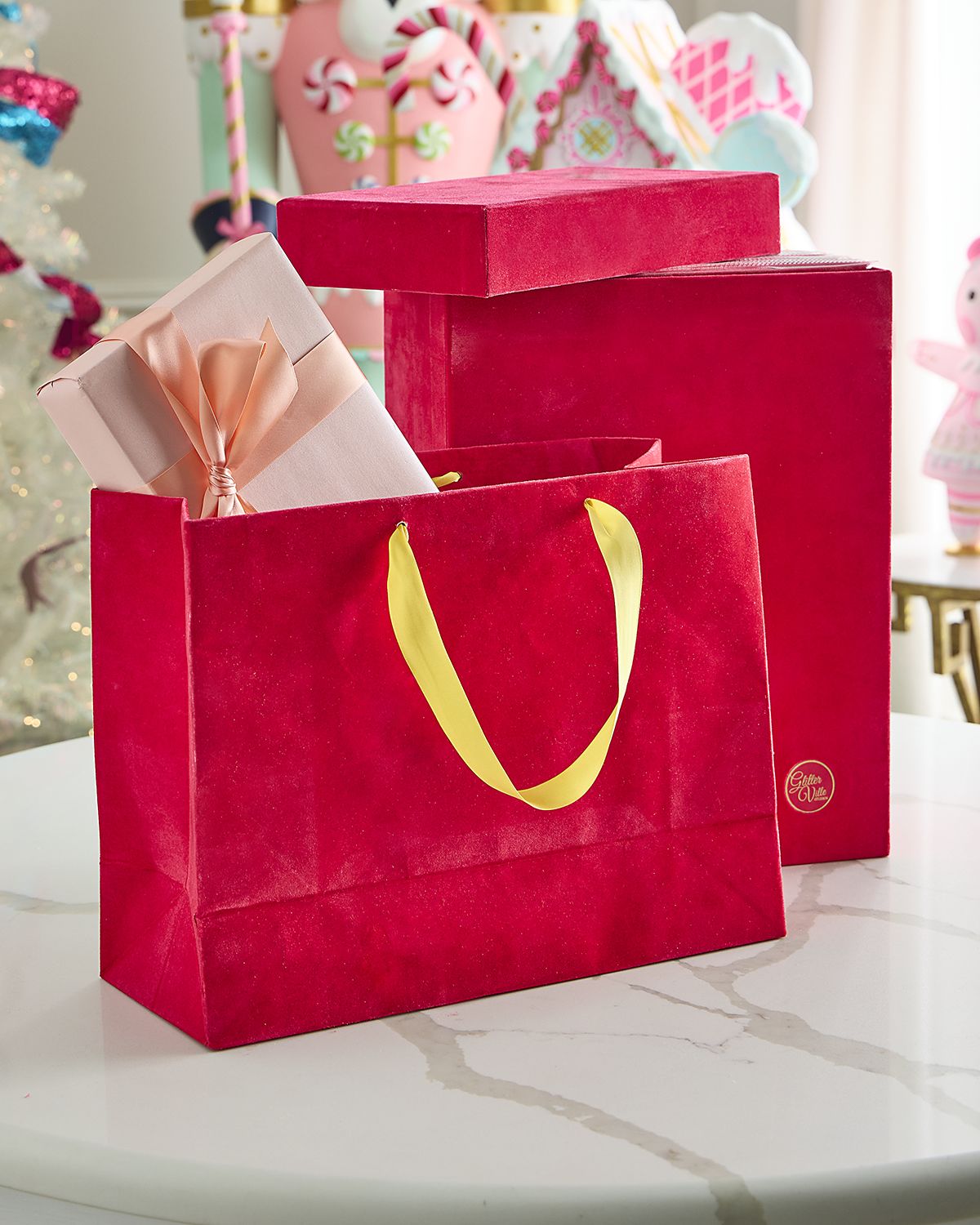 Glitterville Patisserie Large Red Flocked Gift Bags, Set of 10