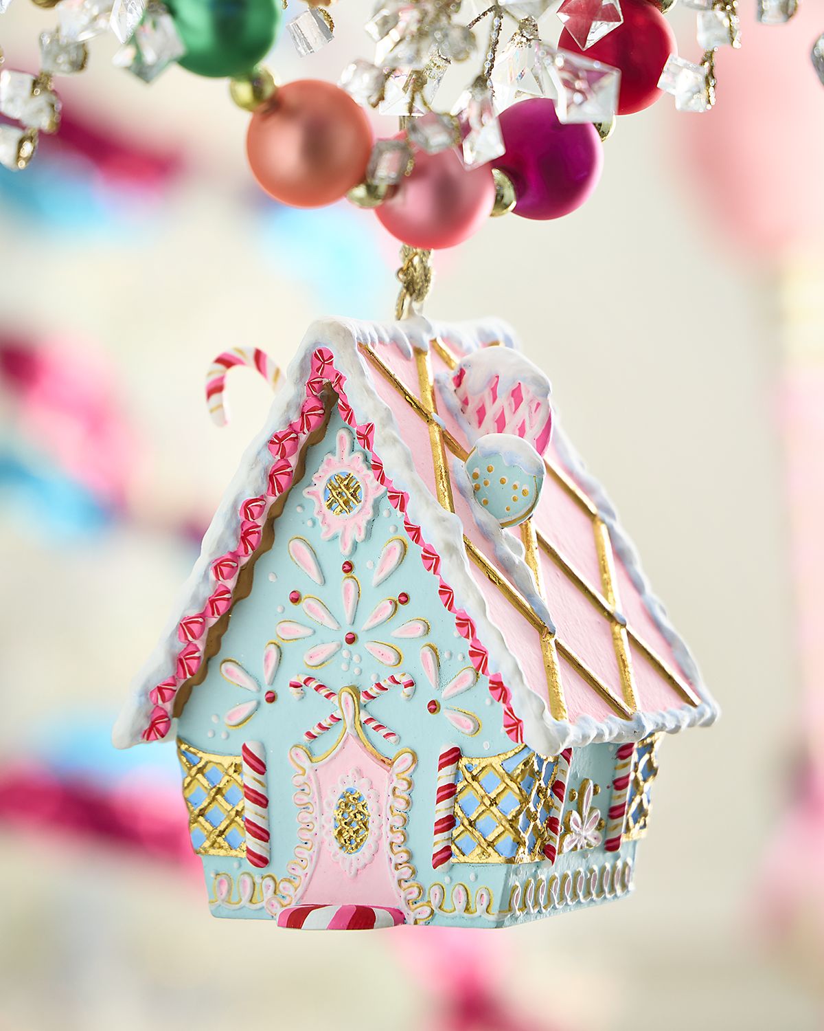 Glitterville Rainbow Gingerbread Cottage Christmas Ornament, Blue