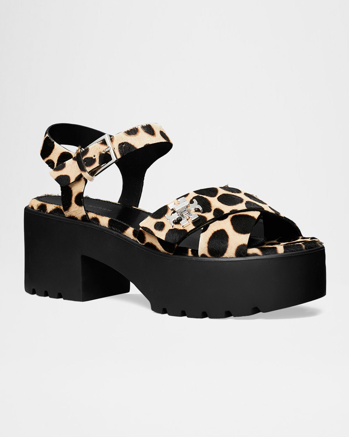 Tory Burch Turnlock Calf Hair Lug-Heeled Platform Sandals