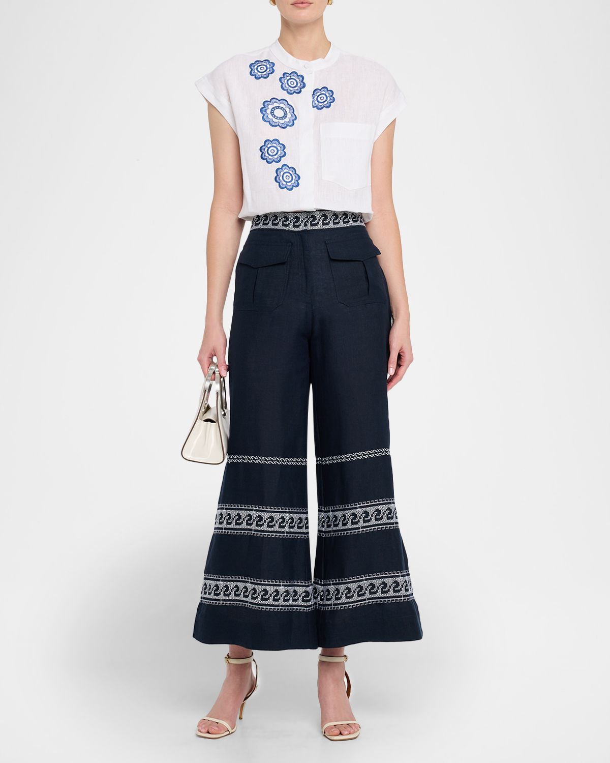 Silvia Tcherassi Zina Embroidered Linen Flare Crop Pants
