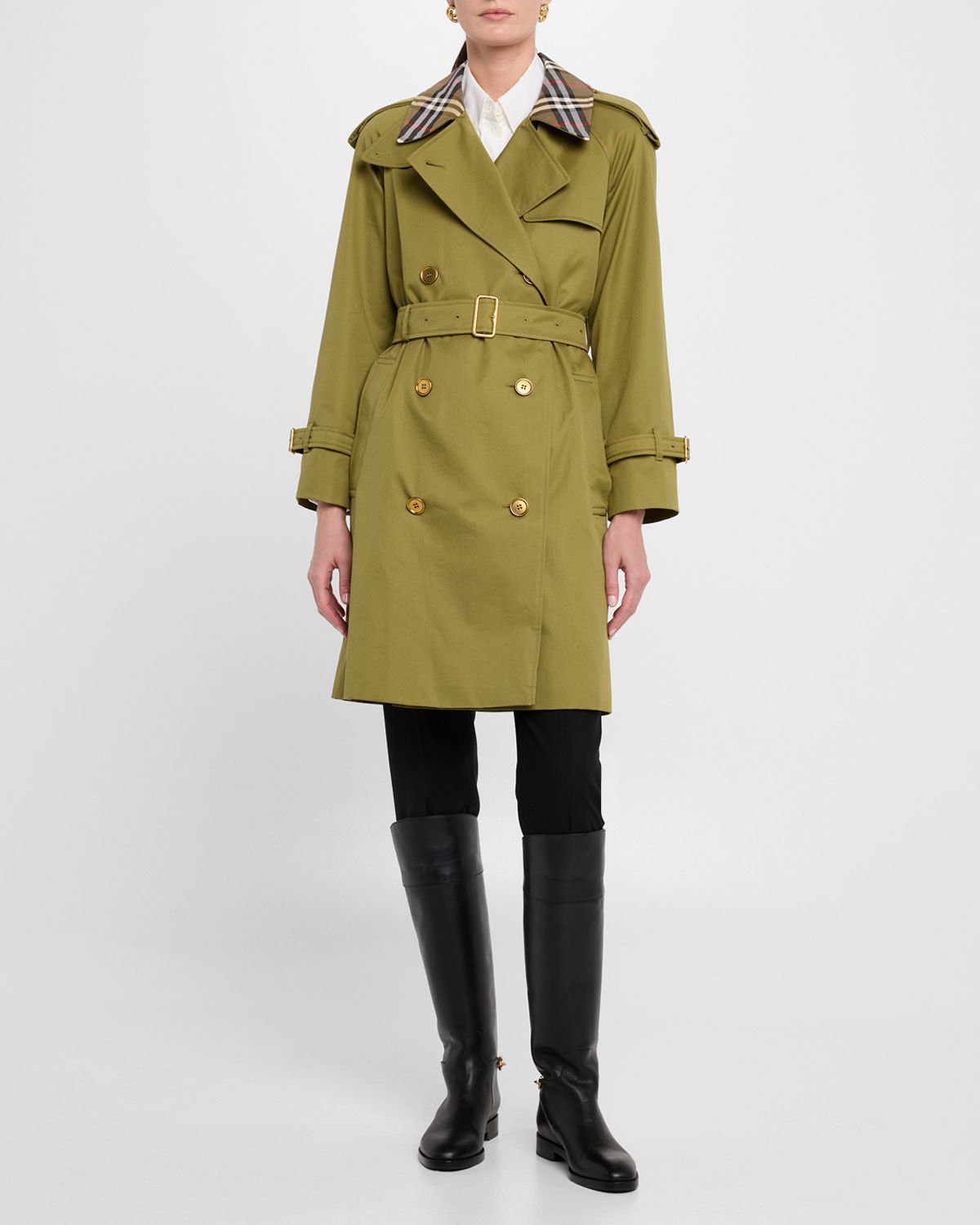 Burberry Castleford Check-Collar Belted Double-Breasted Trench Coat