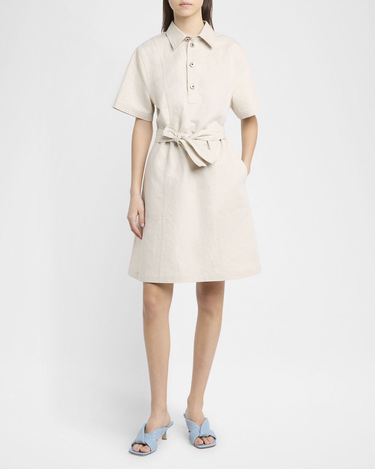 Bottega Veneta Short-Sleeve Belted Cotton-Linen Twill Mini Shirtdress