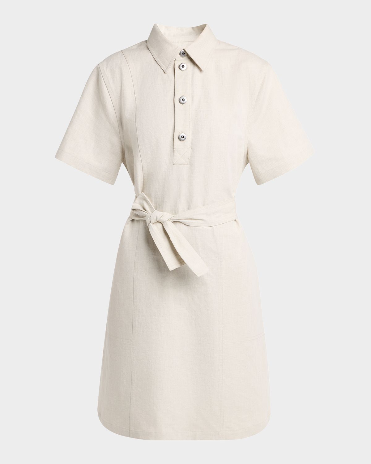 Bottega Veneta Short-Sleeve Belted Cotton-Linen Twill Mini Shirtdress
