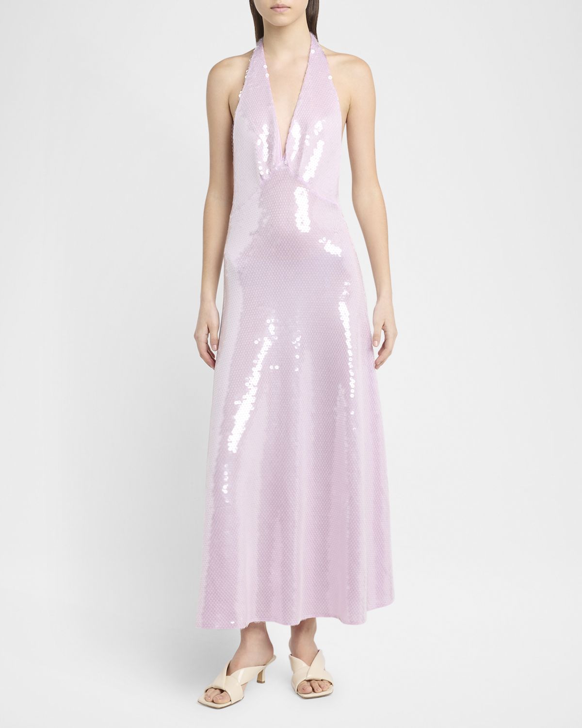 Bottega Veneta Shiny Sequined Plunging Halter Backless Midi Dress
