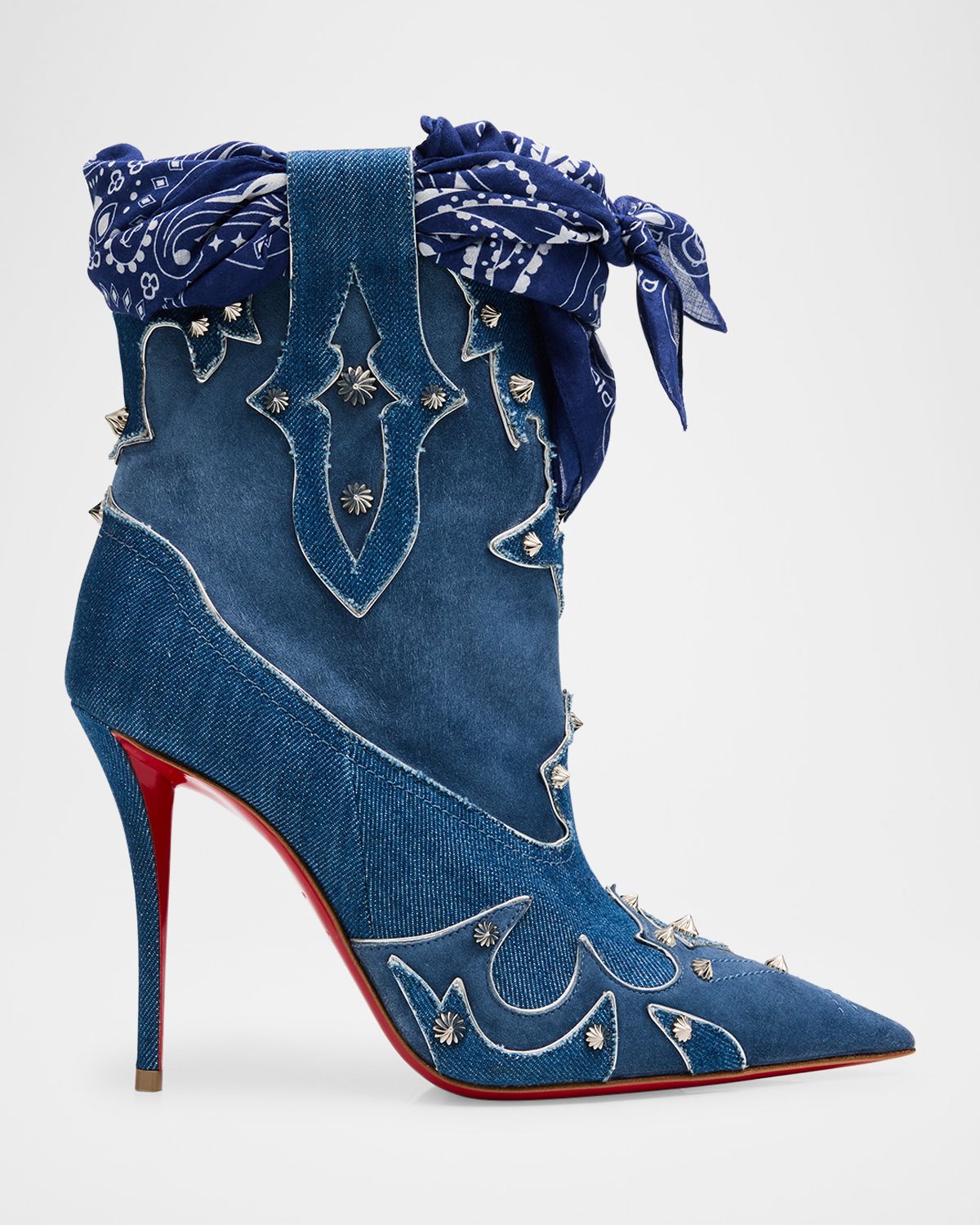 Christian Louboutin 100mm Bootyiag Denim and Suede Bandana Western Booties