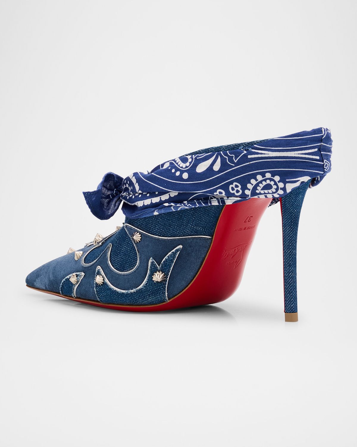 Christian Louboutin 100mm Mulatiag Denim and Suede Bandana Mule Pumps