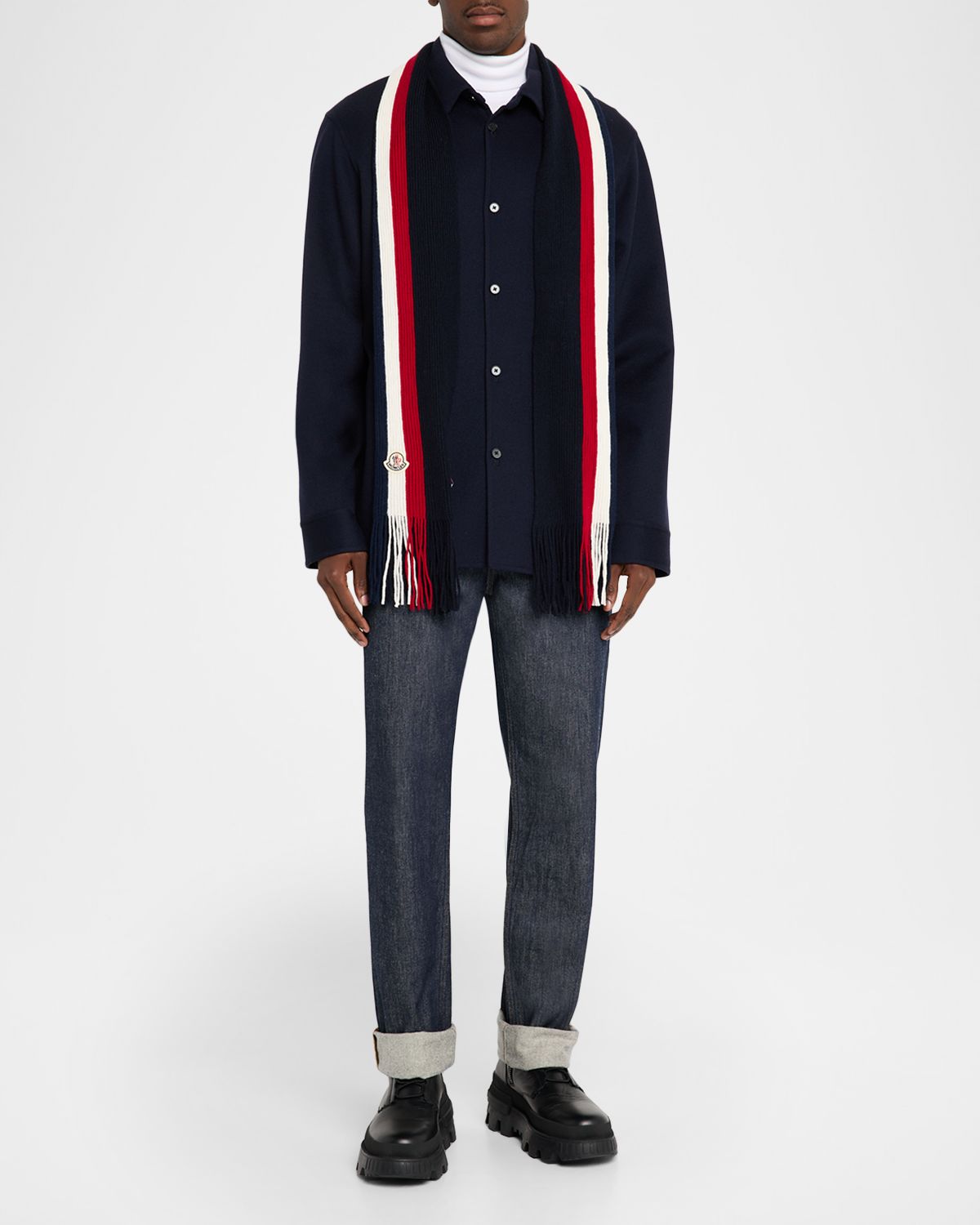 Moncler Men 's Wool Tricolor Stripe Fringe Scarf