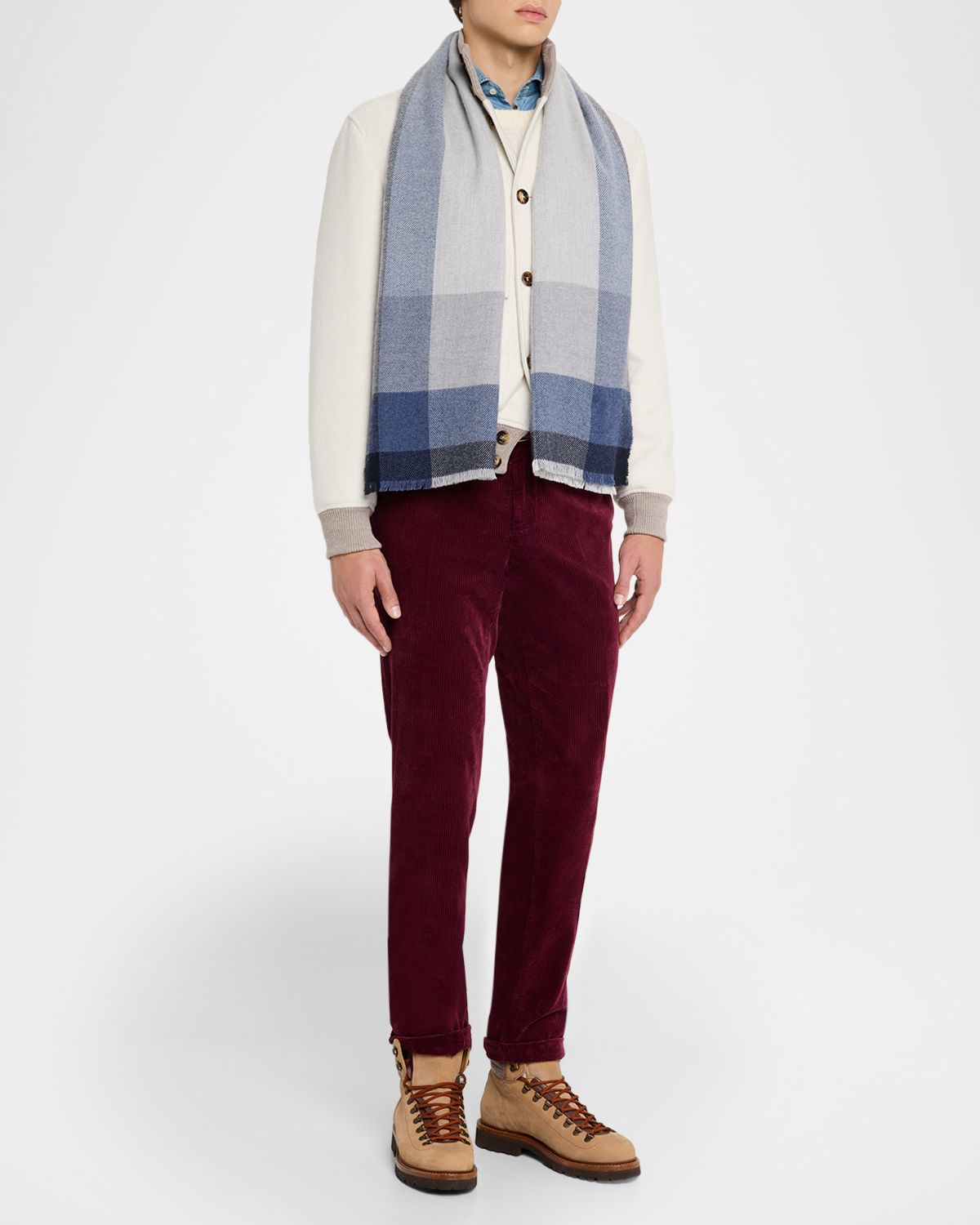 Brunello Cucinelli Men 's Uneven Plaid Wool-Cashmere Scarf