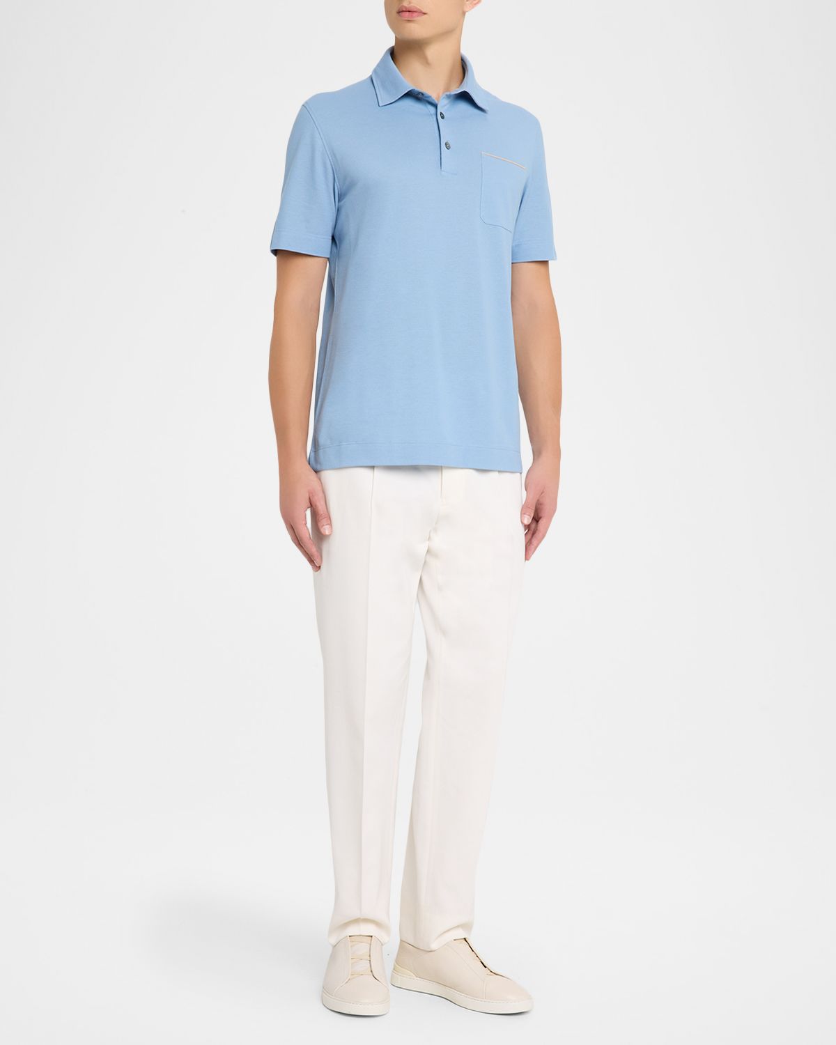 ZEGNA Men 's Pique Polo Shirt with Leather-Trim Pocket
