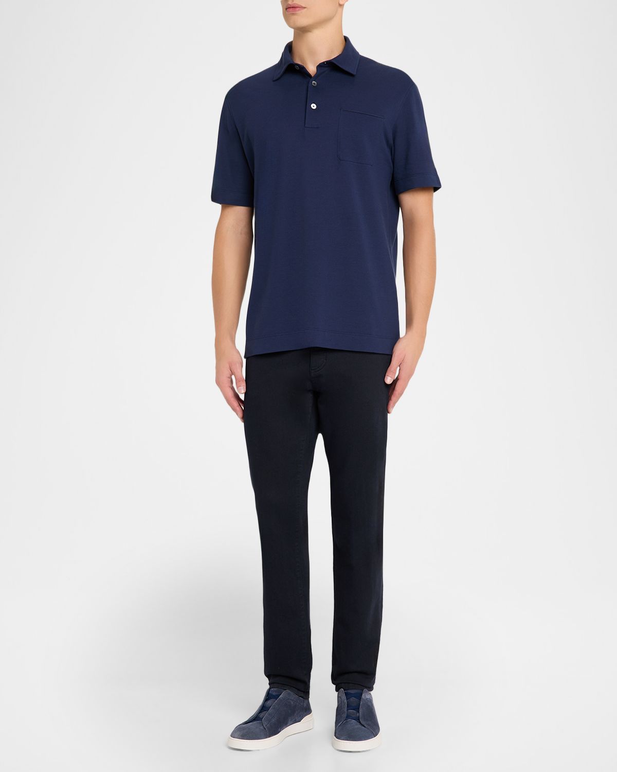 ZEGNA Men 's Pique Polo Shirt with Leather-Trim Pocket