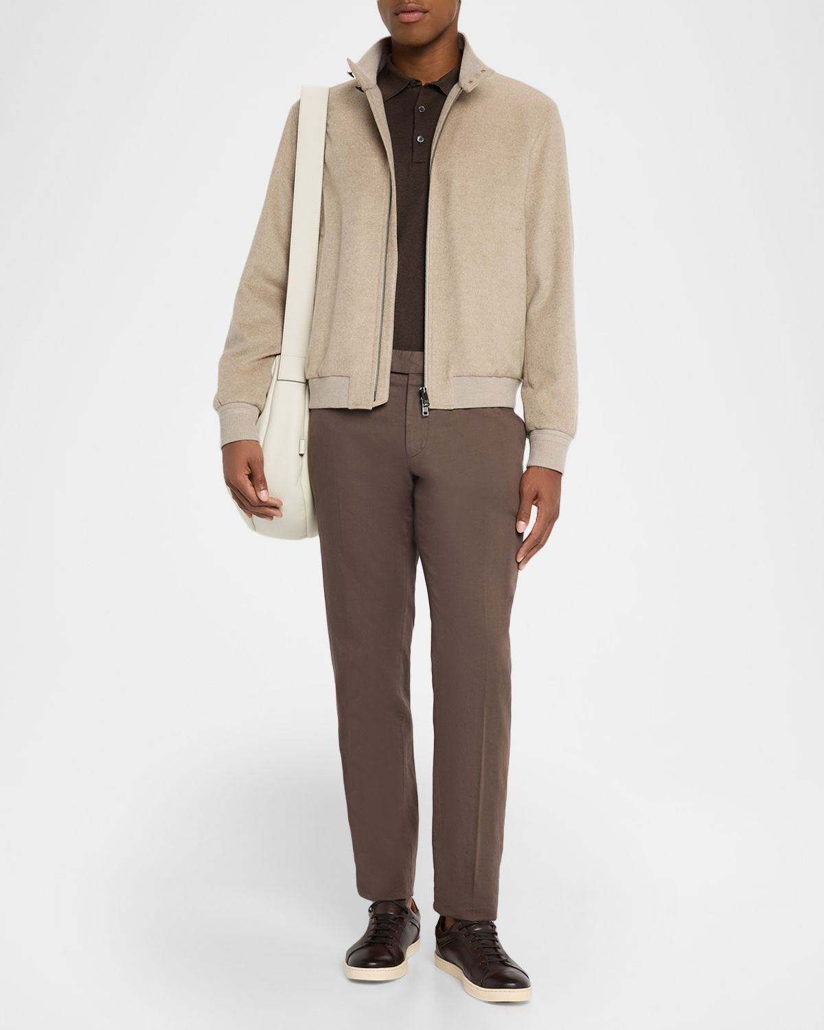 ZEGNA Men 's Leather-Trim Long-Sleeve Polo Shirt