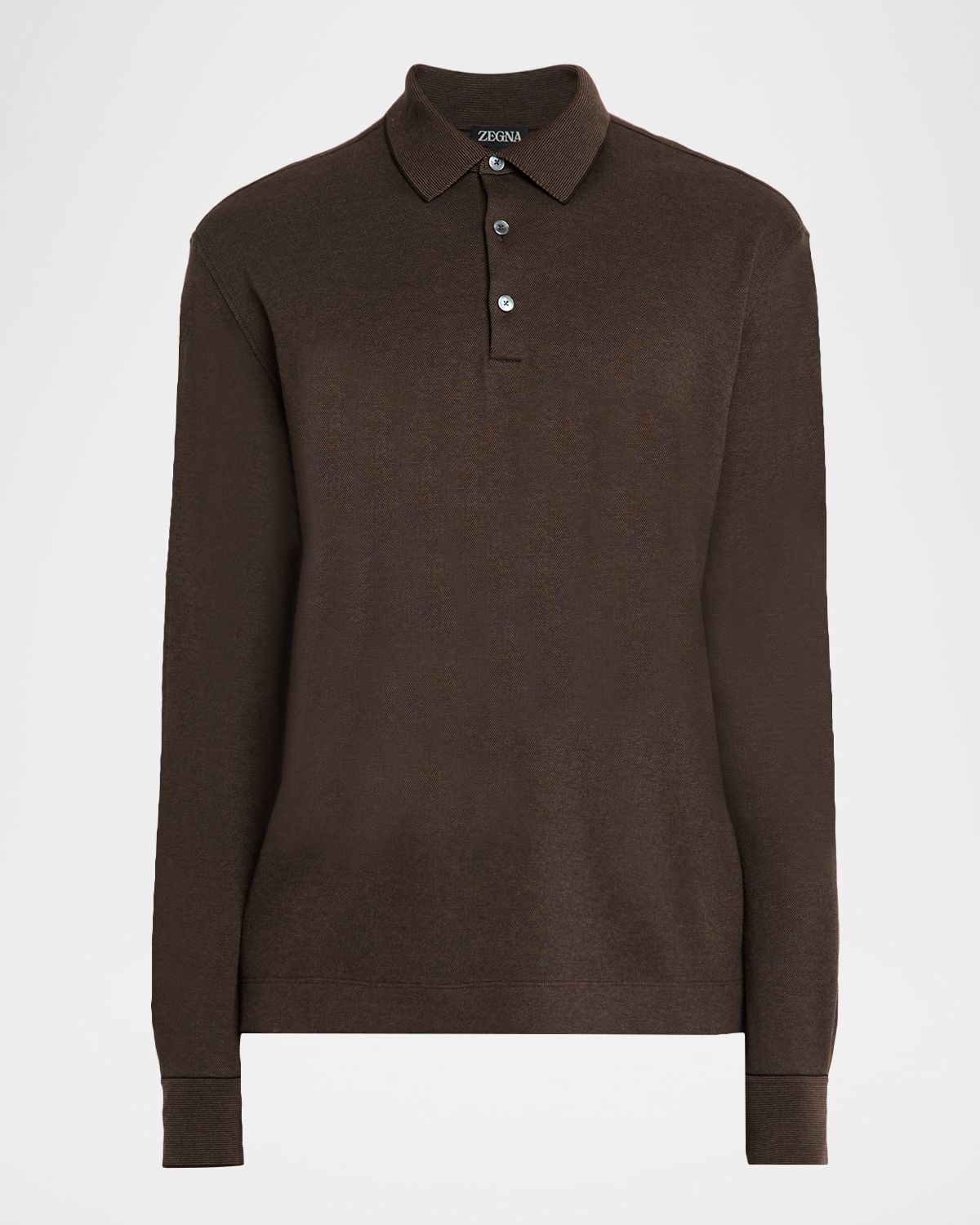ZEGNA Men 's Leather-Trim Long-Sleeve Polo Shirt