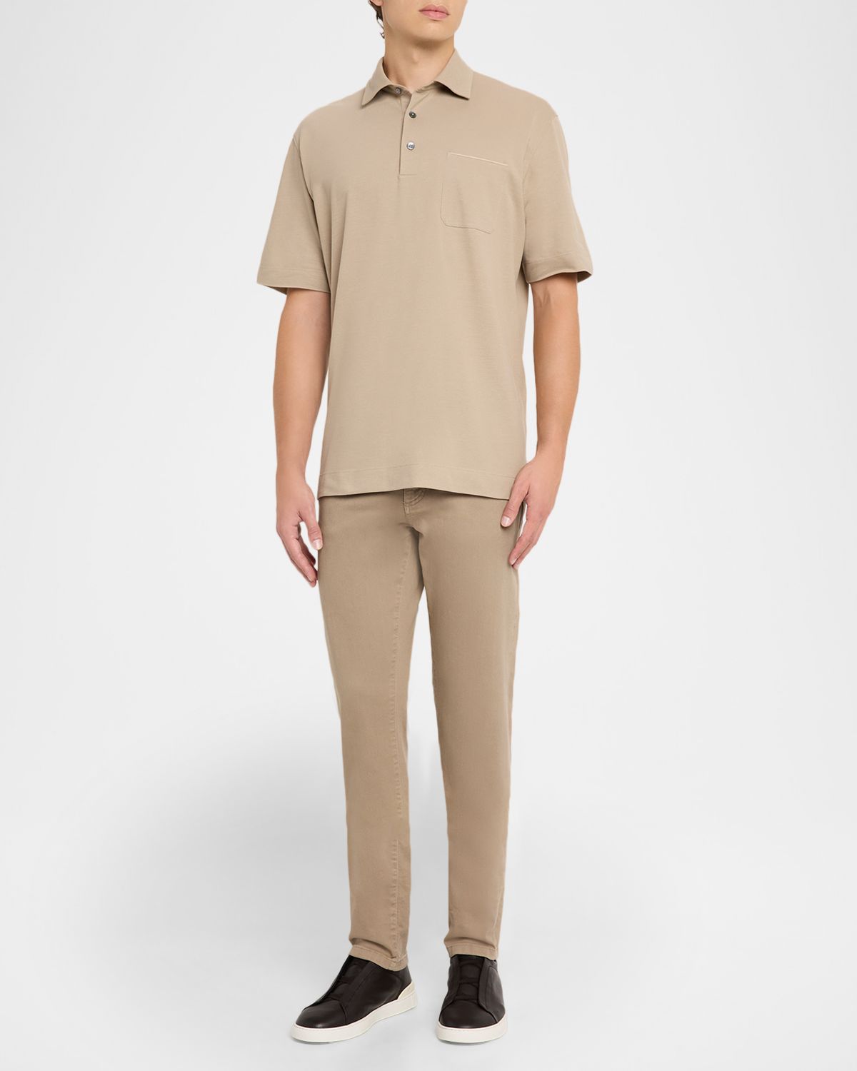 ZEGNA Men 's Leather-Trim Pocket Pique Polo Shirt