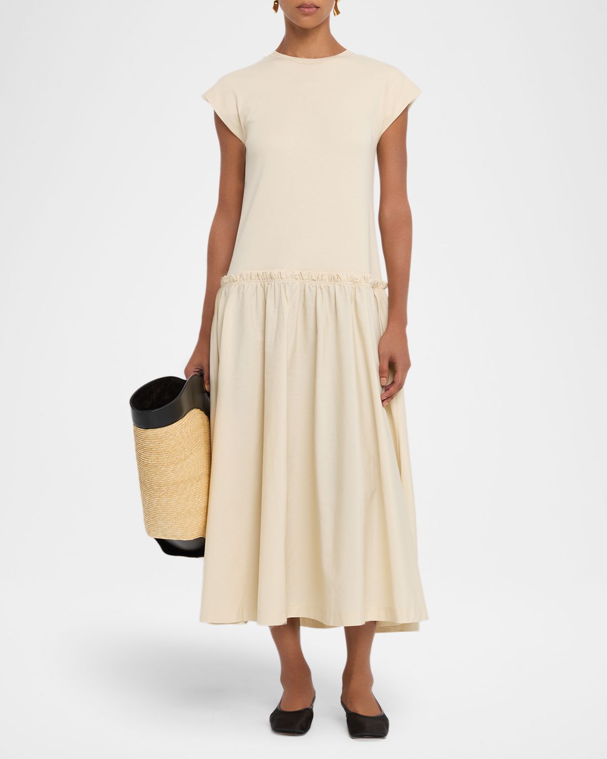 Joseph Cap-Sleeve Cotton Jersey & Poplin Midi Dress