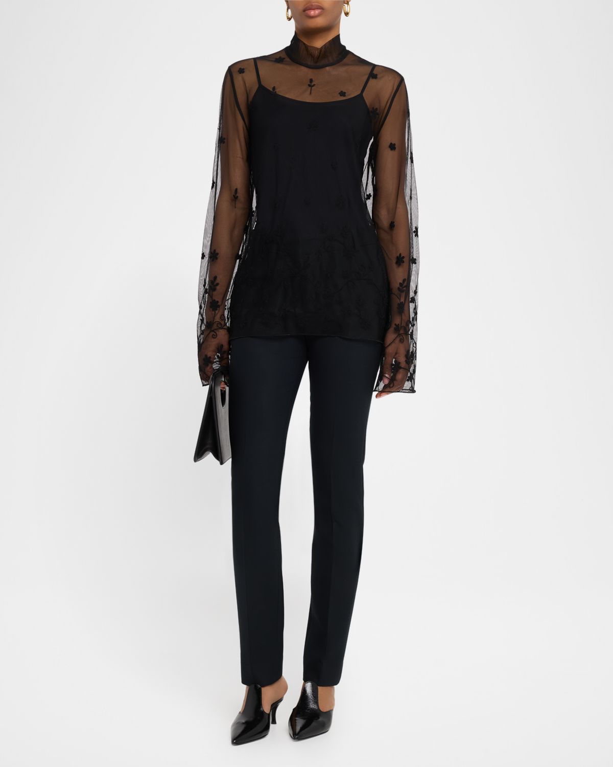 Toteme Turtleneck Floral Tulle Long-Sleeve Blouse