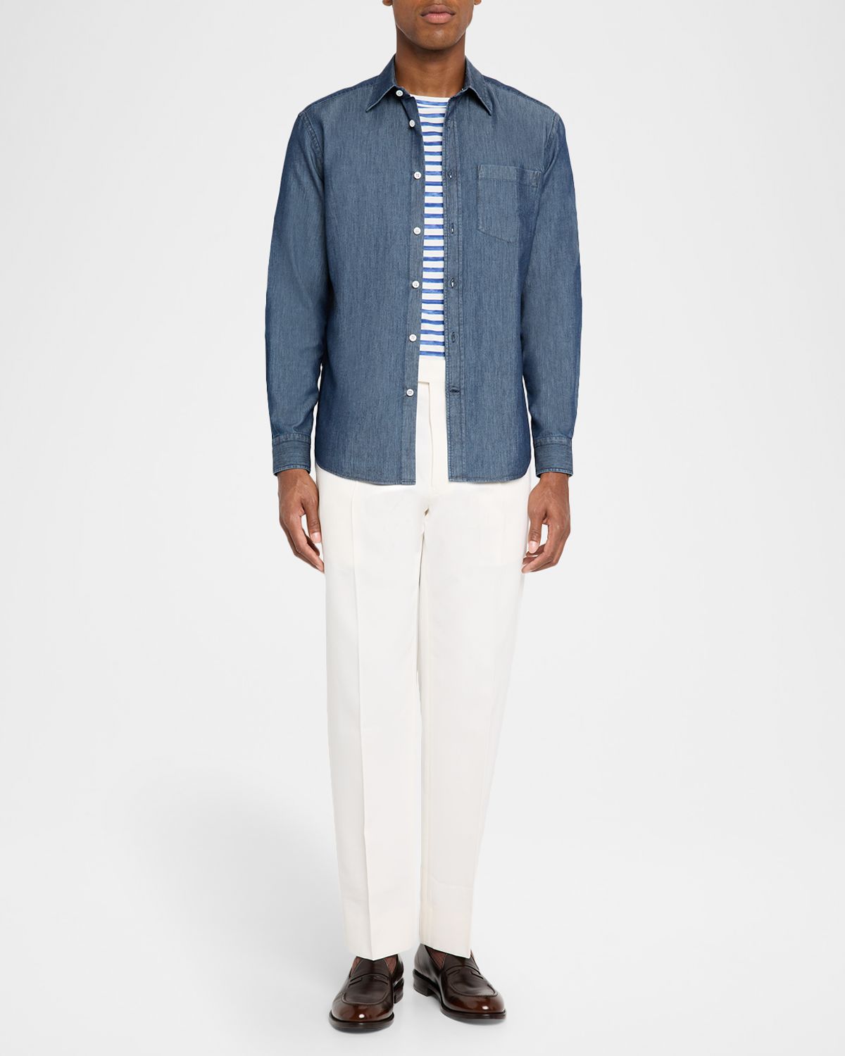 dunhill Men 's Silk-Cotton Chambray Long-Sleeve Shirt