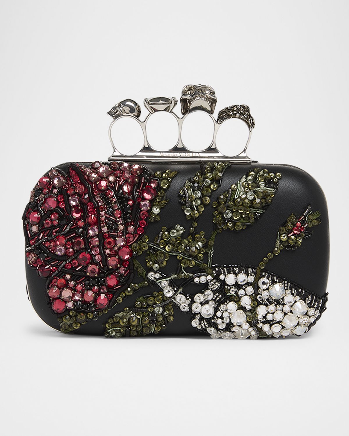 McQueen Bead & Crystal Flower Skull Four Ring Clutch Bag