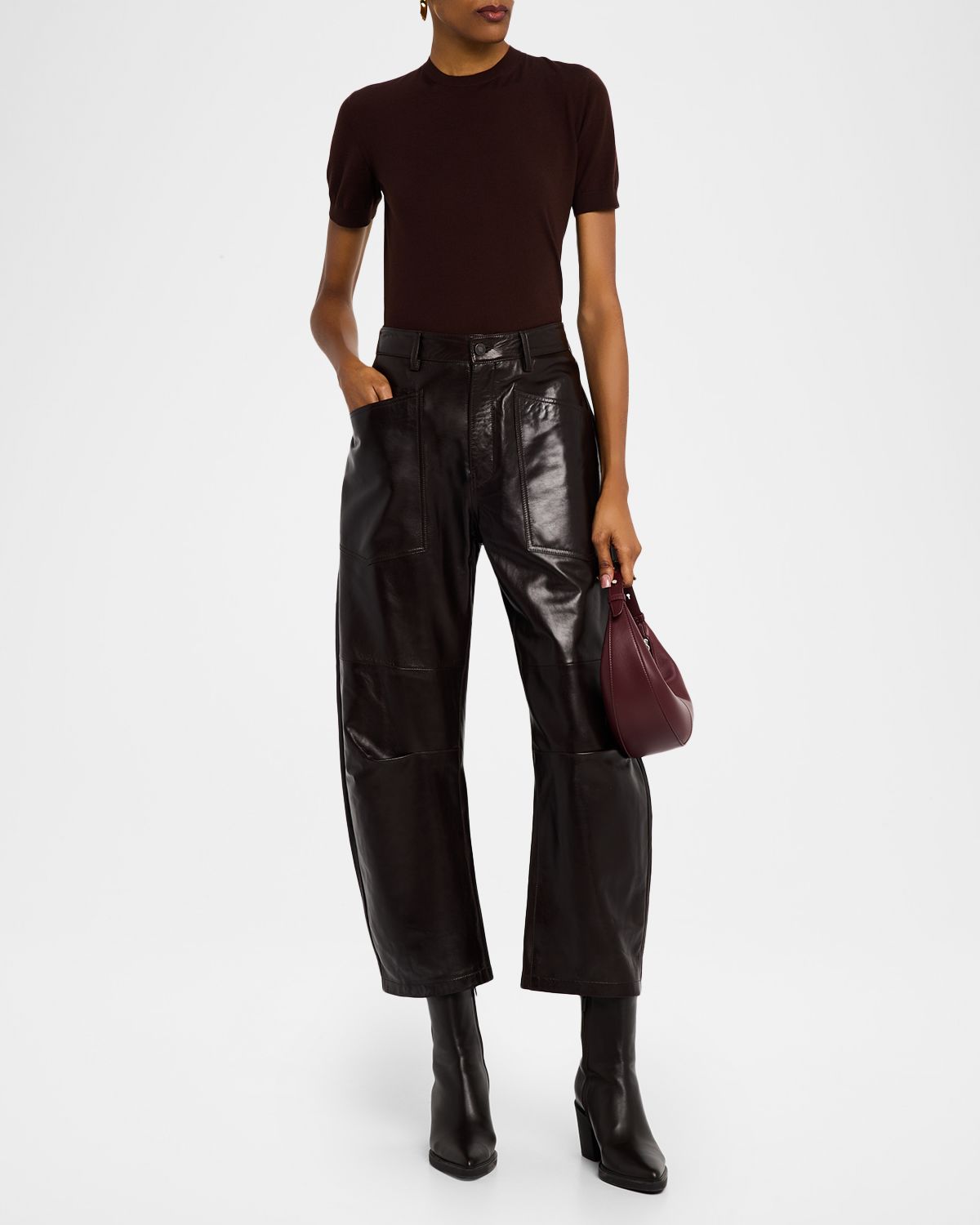 Nili Lotan Shon Leather Barrel-Leg Ankle Pants