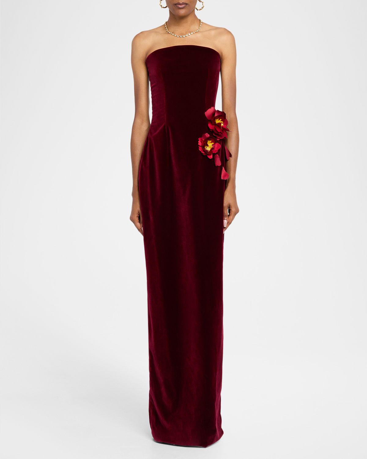 Oscar de la Renta Strapless Flower Embroidered Velvet Gown