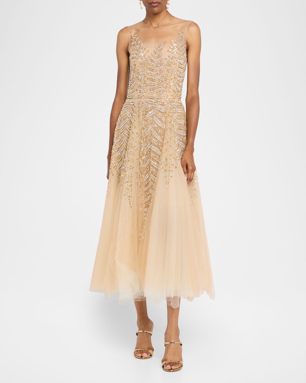 Oscar de la Renta Fern Embroidered Sleeveless Midi Illusion Dress
