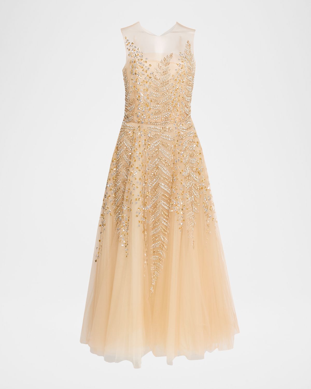 Oscar de la Renta Fern Embroidered Sleeveless Midi Illusion Dress
