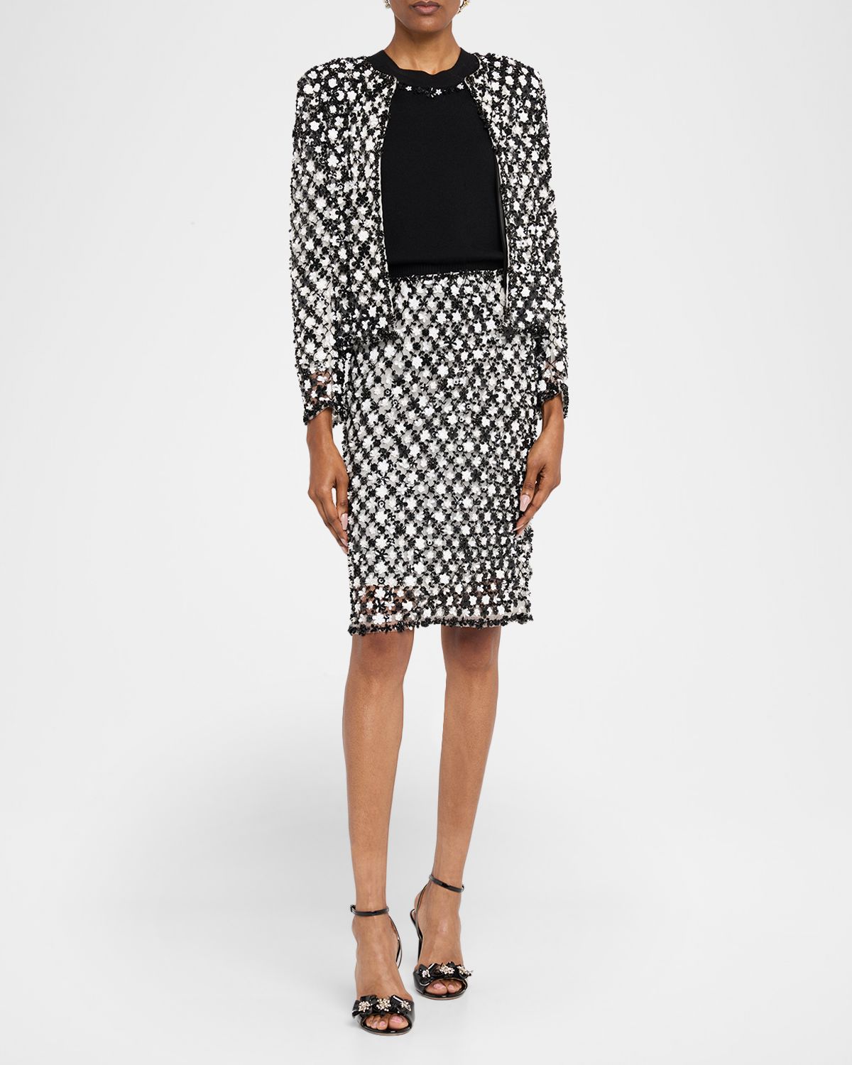 Oscar de la Renta Sequin Flower Short-Sleeve Knit Sweater