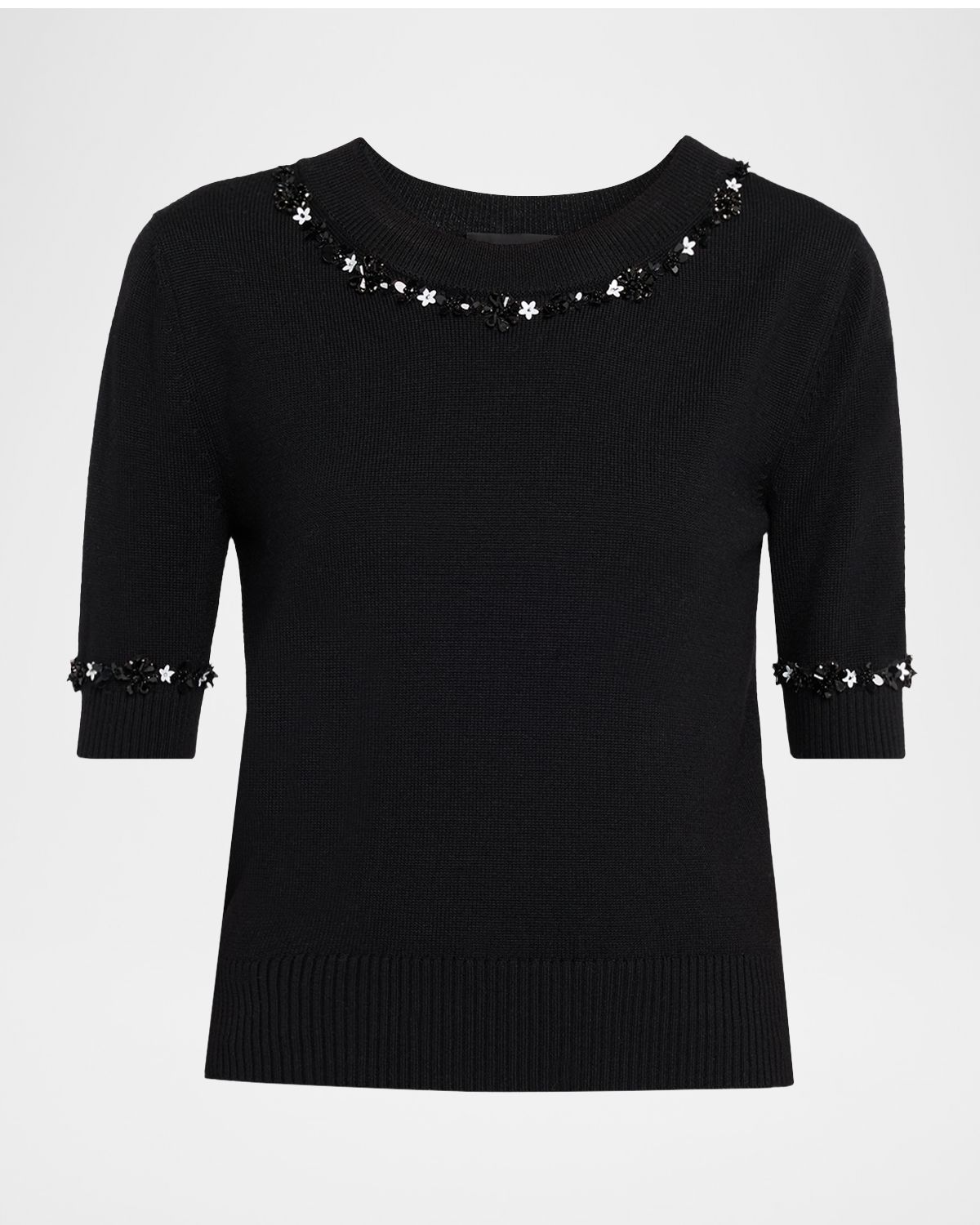 Oscar de la Renta Sequin Flower Short-Sleeve Knit Sweater