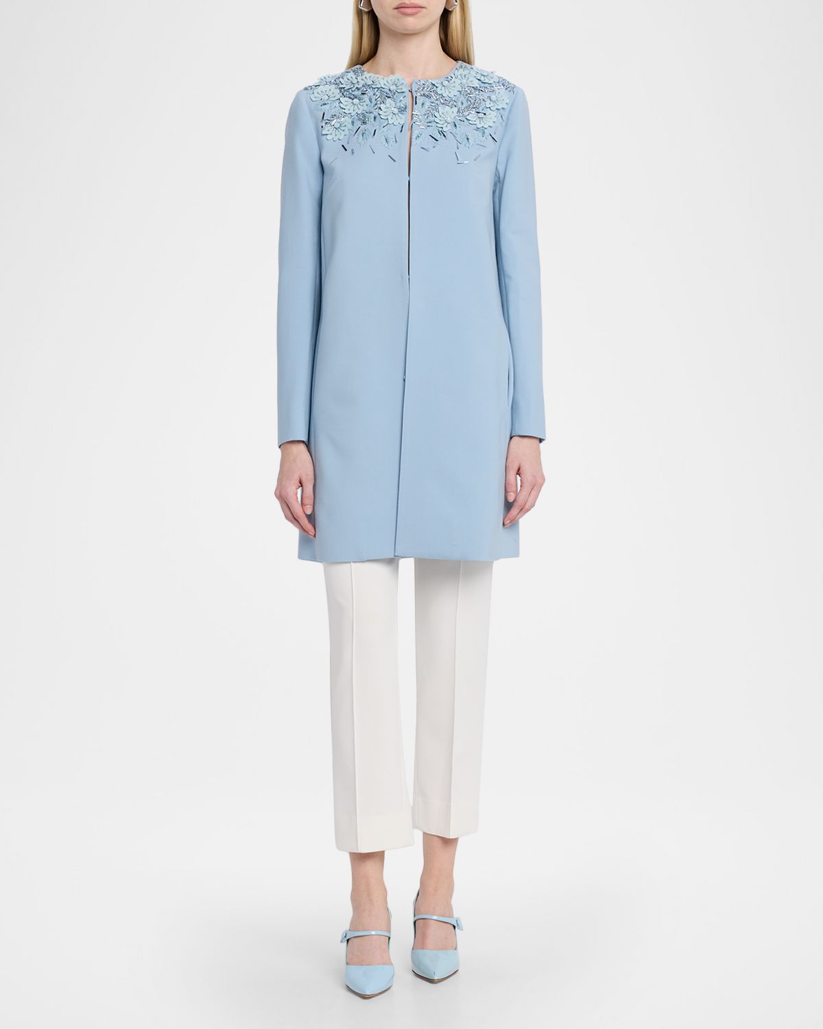 Oscar de la Renta Floral Embellished Wool Coat
