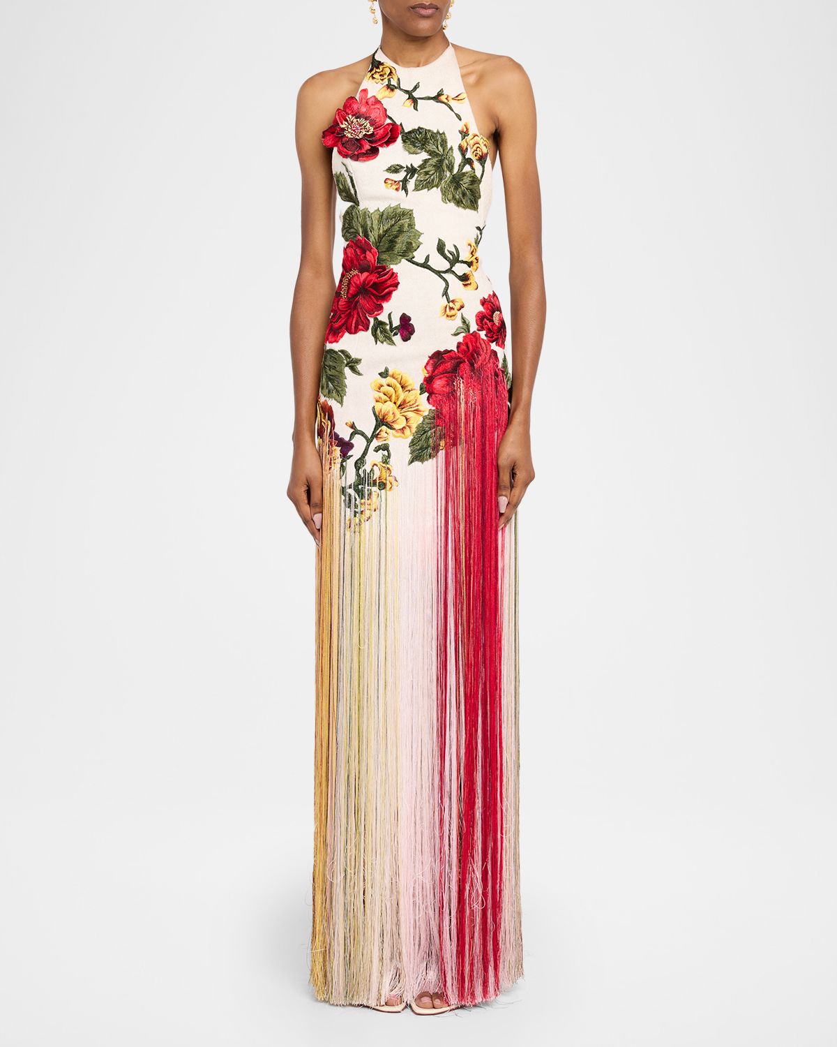 Oscar de la Renta Halter Neck Embroidered Tulle Gown