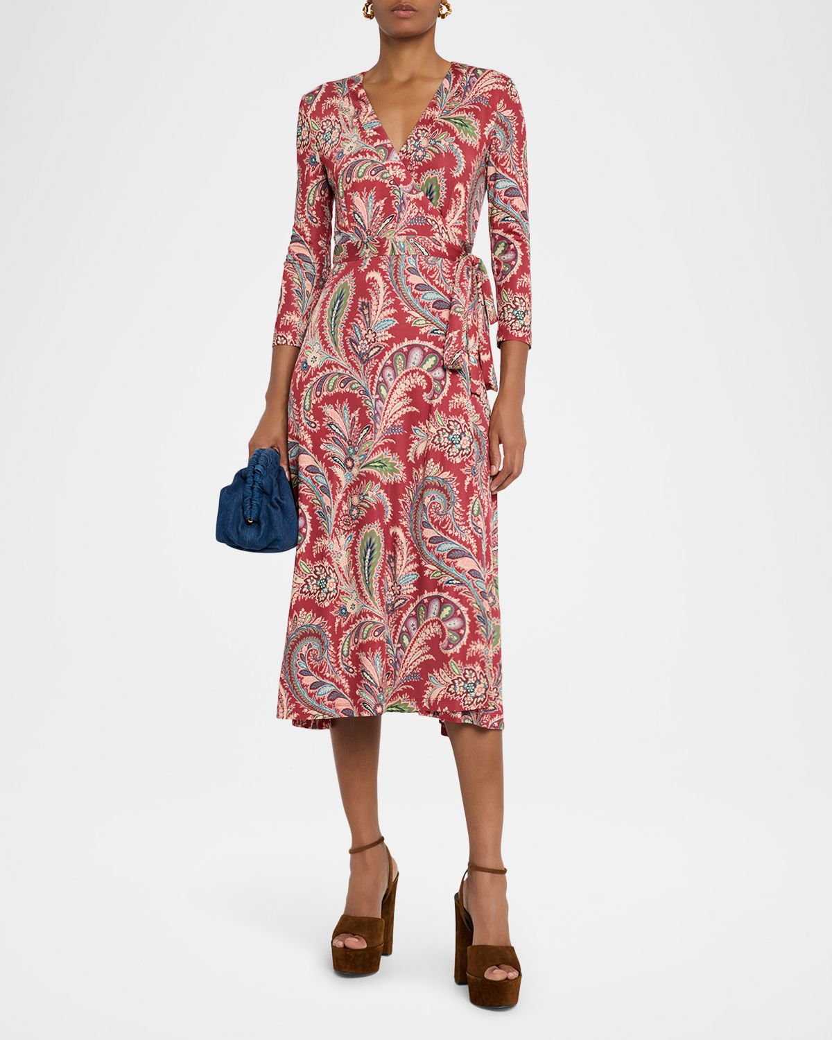 Etro Paisley-Print Bracelet-Sleeve Wrap Midi Dress