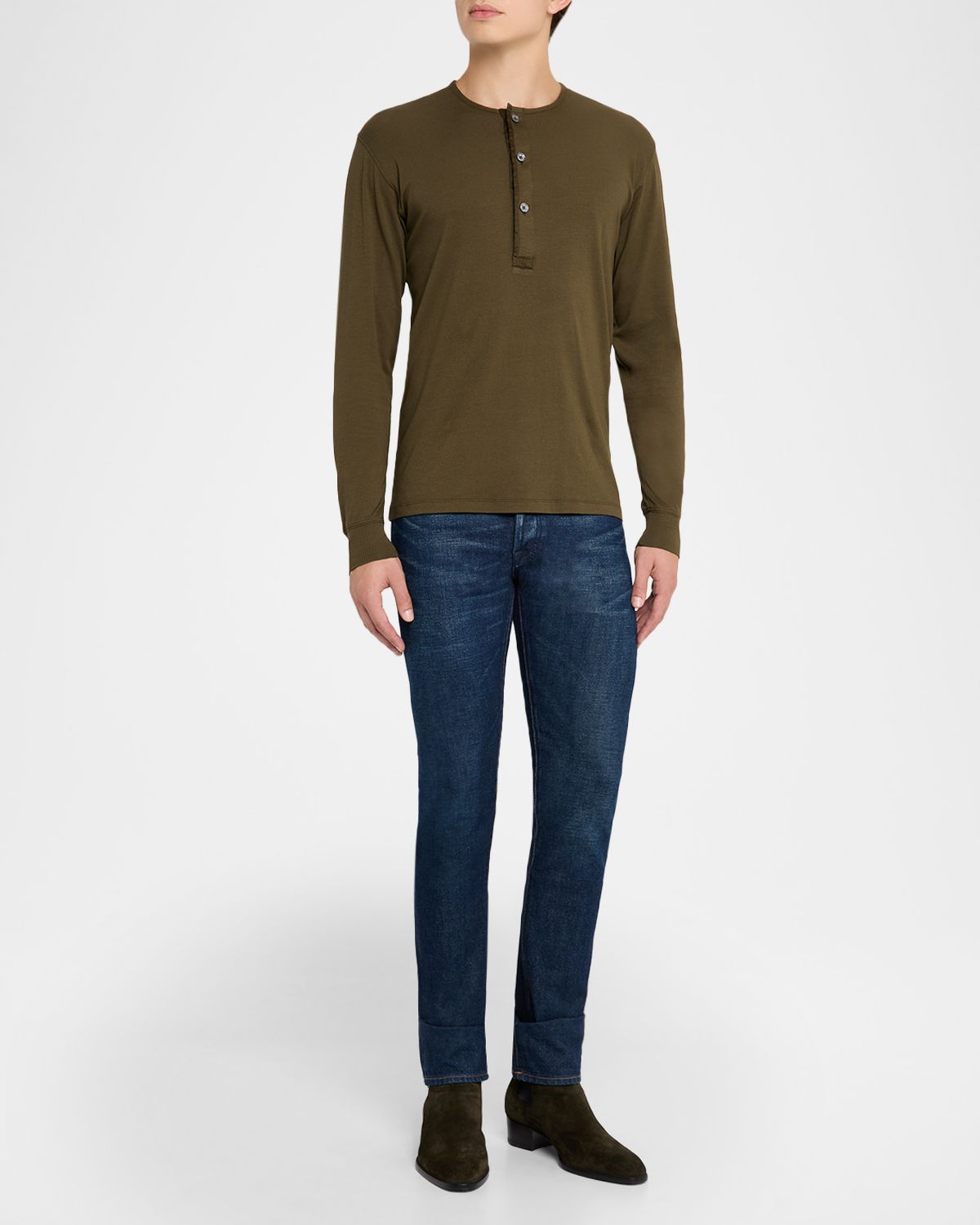 TOM FORD Men 's Ribbed Long-Sleeve Henley Tee