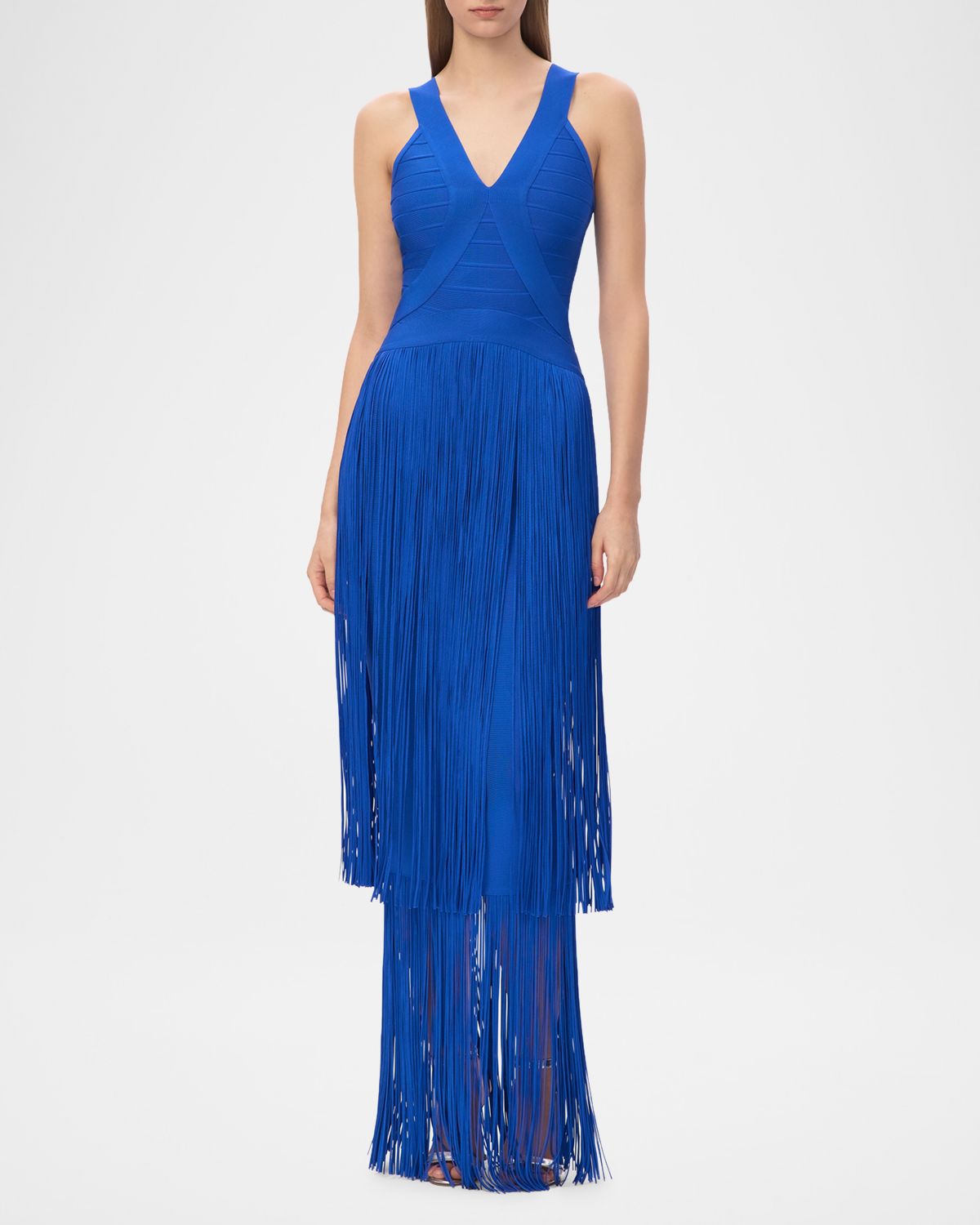Herve Leger The Brigitte Bandage Tiered Fringe Gown