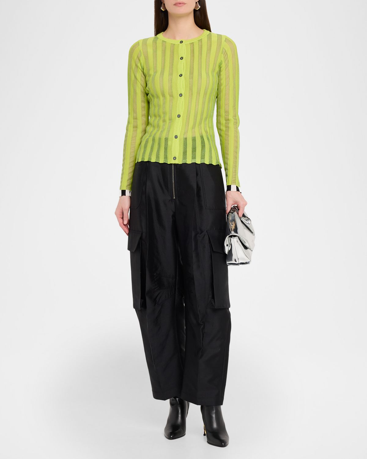 CHRISTOPHER JOHN ROGERS Pleated Knit Crewneck Cardigan