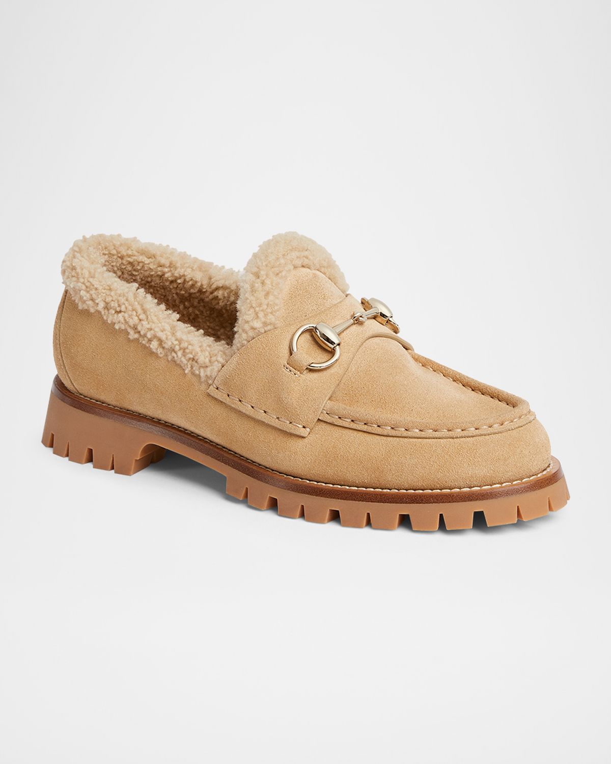 Gucci Sylke Suede Shearling-Lined Horsebit Loafers